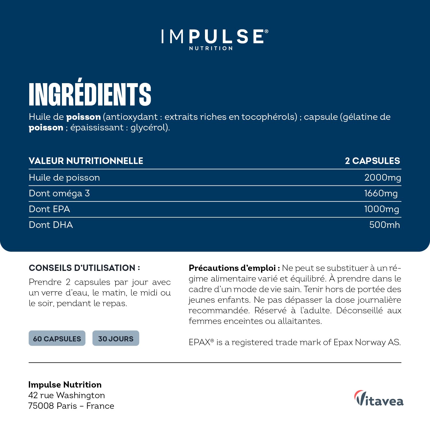 Impulse Nutrition - Oméga 3 concentrés 50% EPA / 25% DHA - Qualité Epax® - Pureté Totox <10 - Certifiés Friend of the Sea - Complément alimentaire Bien-être & Performance - Fabriqué en France