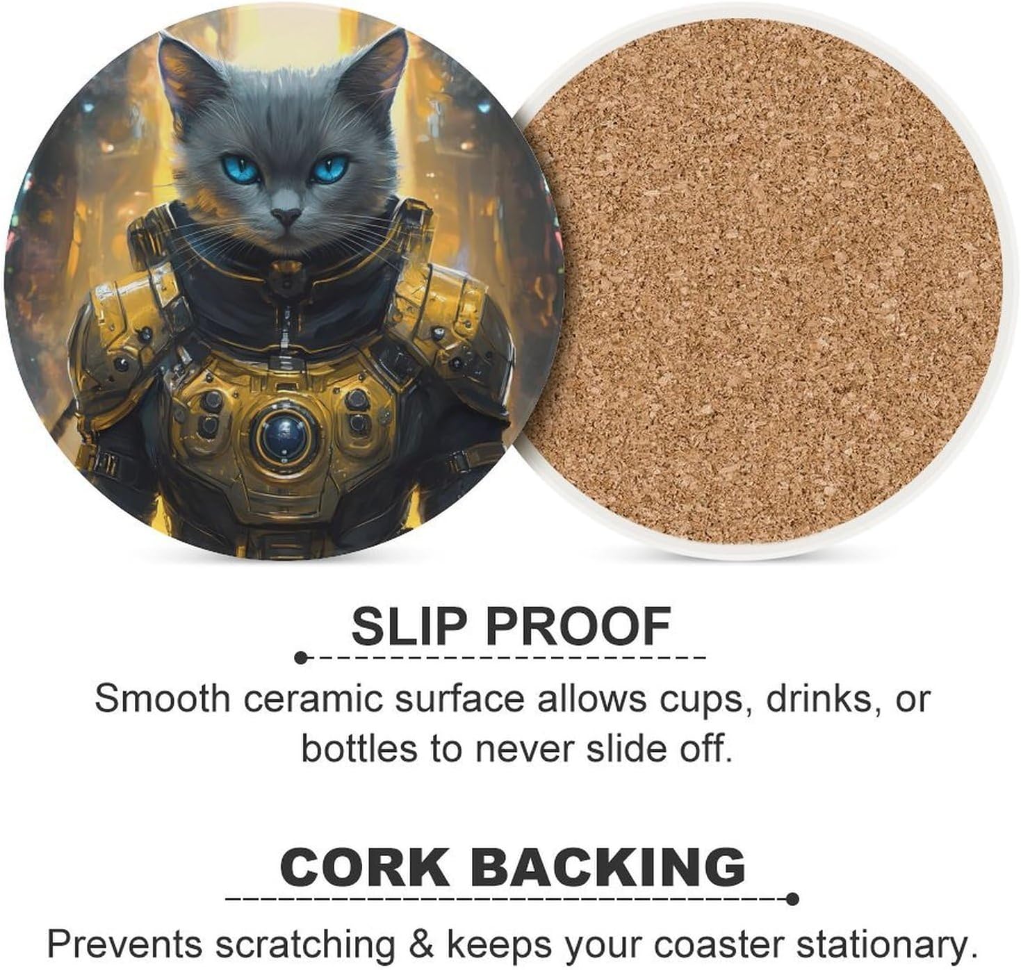 Cat Soldier Funny Round Ceramic Coasters for Drink Absorbent Cup Holders Tabletop Protection
