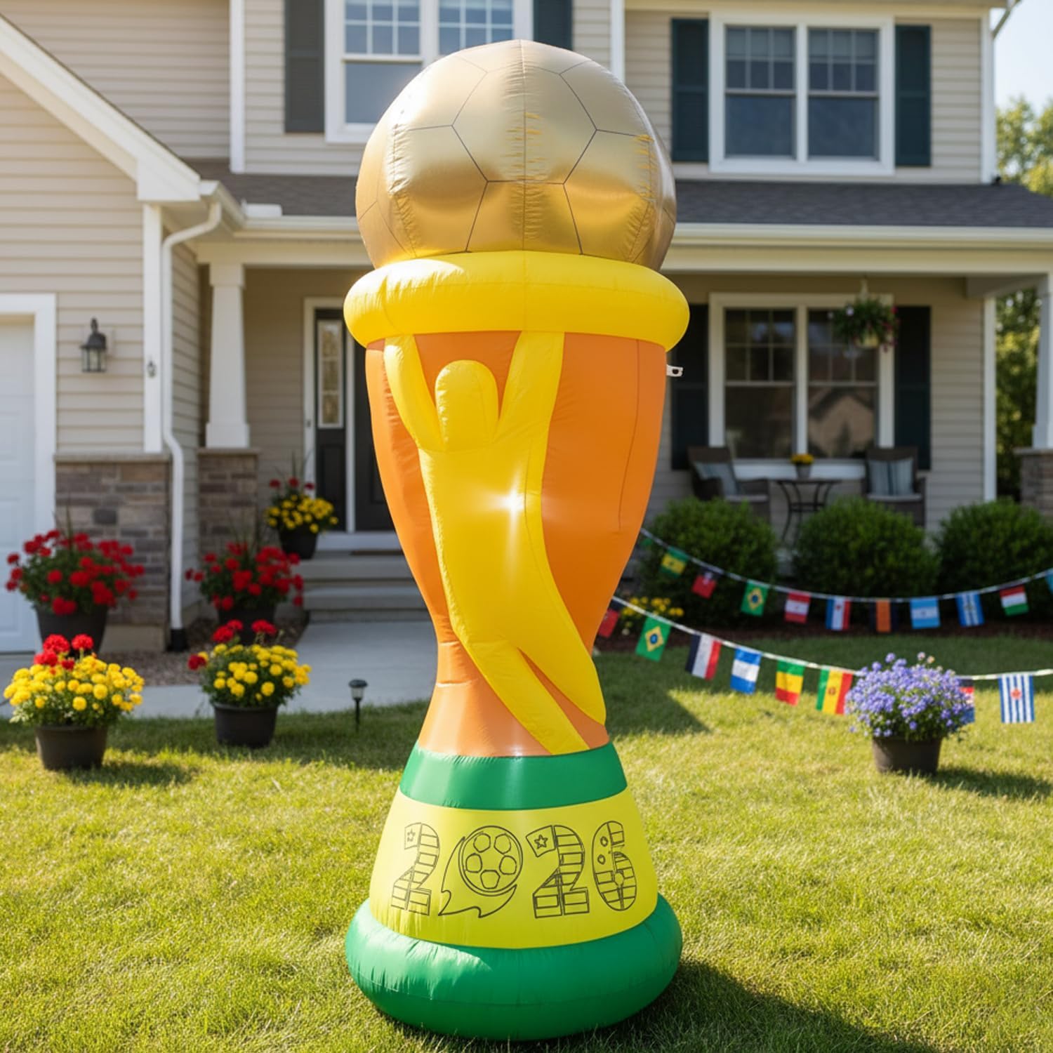7FT Soccer World Football Champion Cup Inflatable 2026 Outdoor Decorations Football Award Blow Ups with Built-in LEDs for Yard Party Lawn Decor