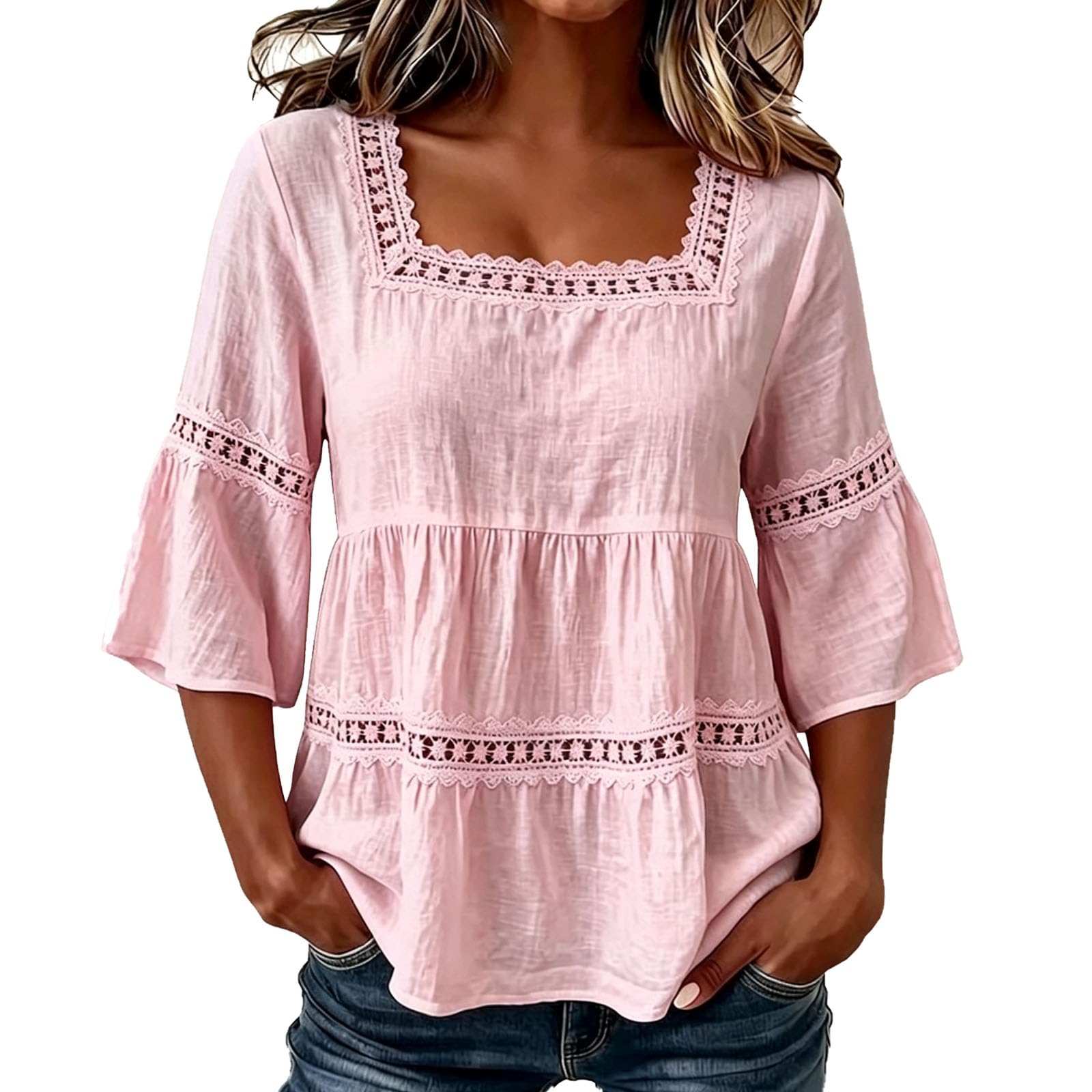 Blusa Lisa de Manga Tres Cuartos con Cuello Cuadrado y Ribete de Encaje de | Blusa bohemia de lino para mujer, blusa babydoll peplum con encaje y mangas tres cuartos