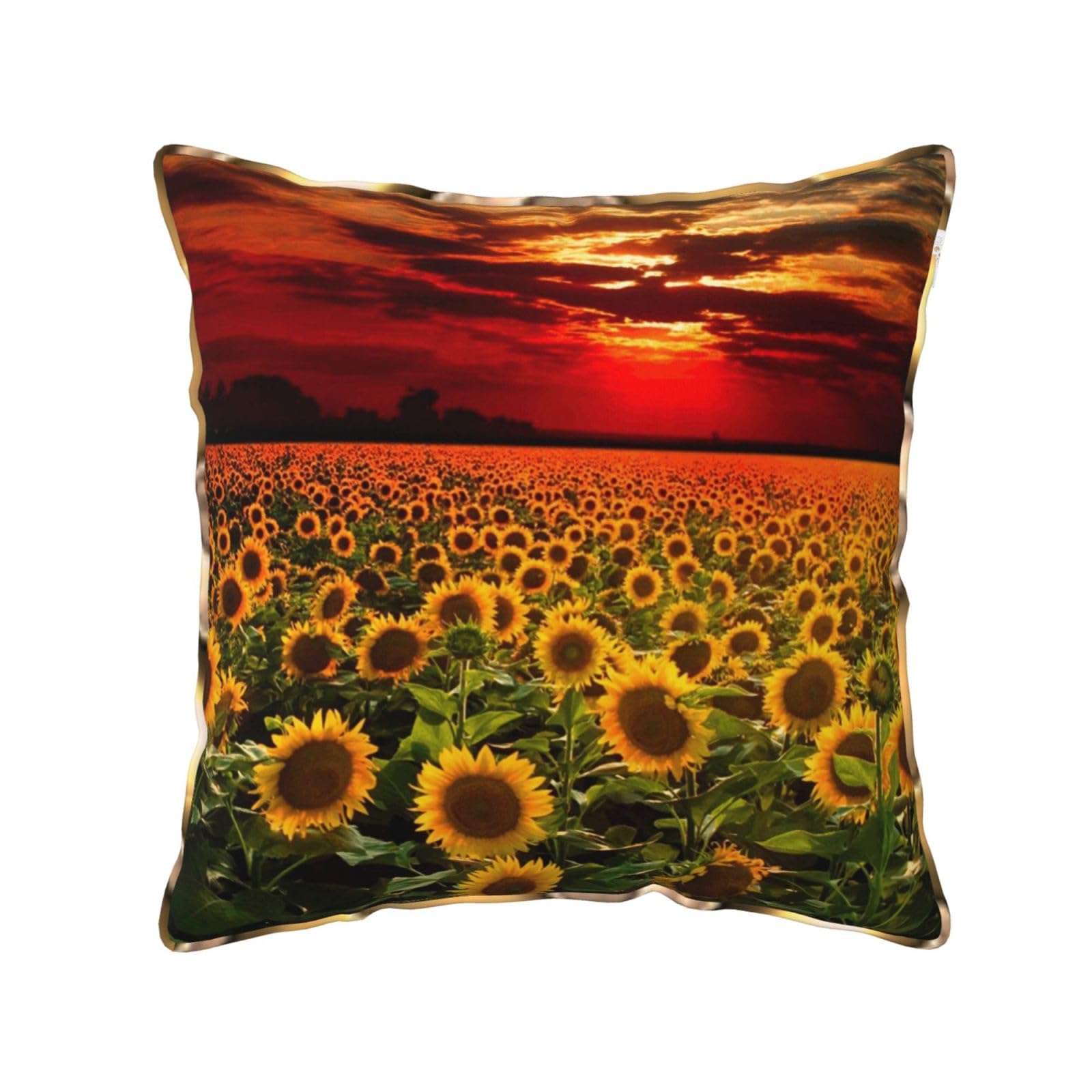 AUBKFELD Sunset Sunflower Printed Velvet Cushion Cover 40x40 CM with Gold Edging Strip, Square Pillowcase Soft Throw Pillow Covers Case Decorative for Living Room Sofa Couch Bed Bench
