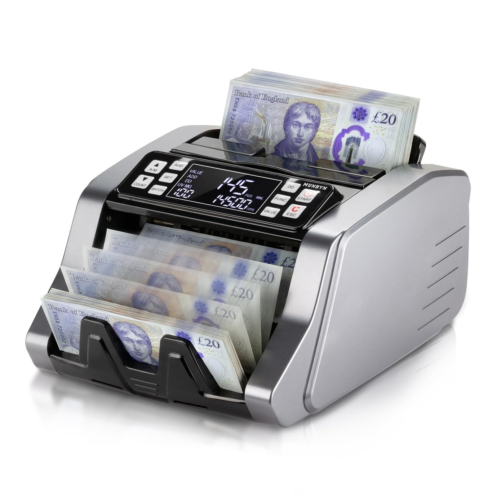 MUNBYN IMC20 Money Counter Machine UK with Value Count for GBP/EUR/USD Bill Counter, Add/Batch/Value Mode Banknote Counter, 1000 Bills per Minute, LED External Display