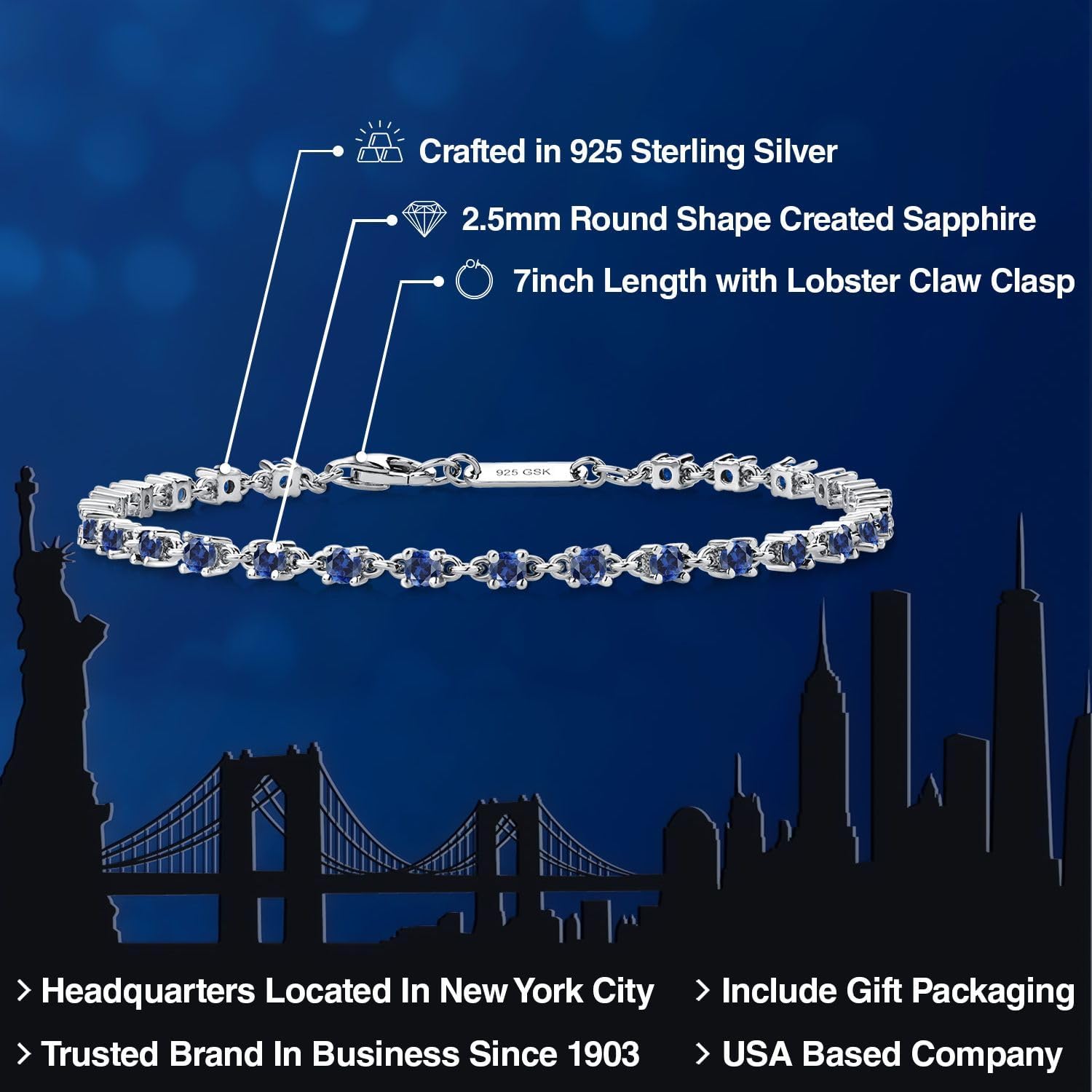 Gem Stone King Blue Created Sapphire Tennis Bracelet for Women in 925 Sterling Silver | 1.76 Cttw | Round: 2.5MM | Gemstone September Birthstone | 7 Inch - Image 2