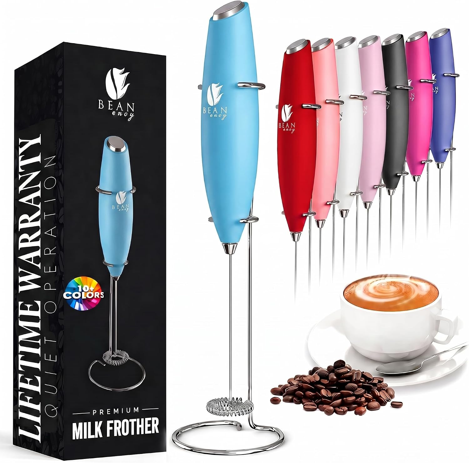 Bean Envy Milk Frother Handheld - Coffee Mixer Wand with Stand - Black