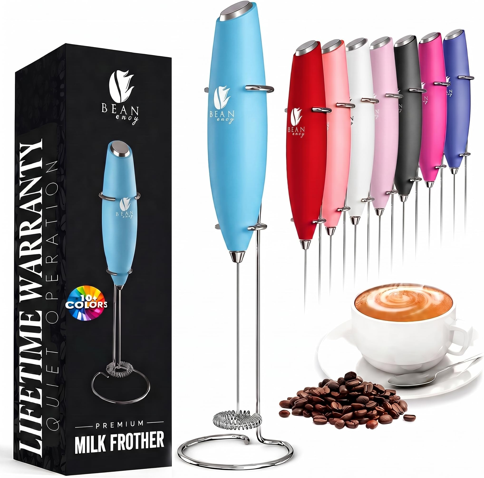 Bean Envy Milk Frother Handheld for Coffee - Electric Hand Blender, Mini Drink Mixer Whisk & Coffee Foamer Wand with Stand for Lattes, Cappuccino, Matcha and Hot Chocolate - Kitchen Gifts - Light Blue