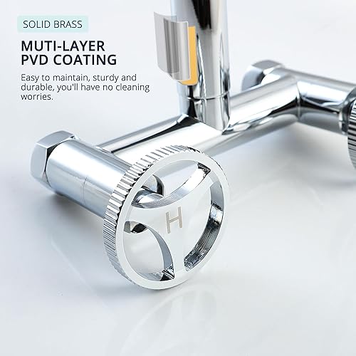 Miniatura 7 de Grifo de cocina de montaje en pared con rociador abatible, grifo de fregadero de cocina comercial, 2 manijas, giratorio de 360, grifo montado en la