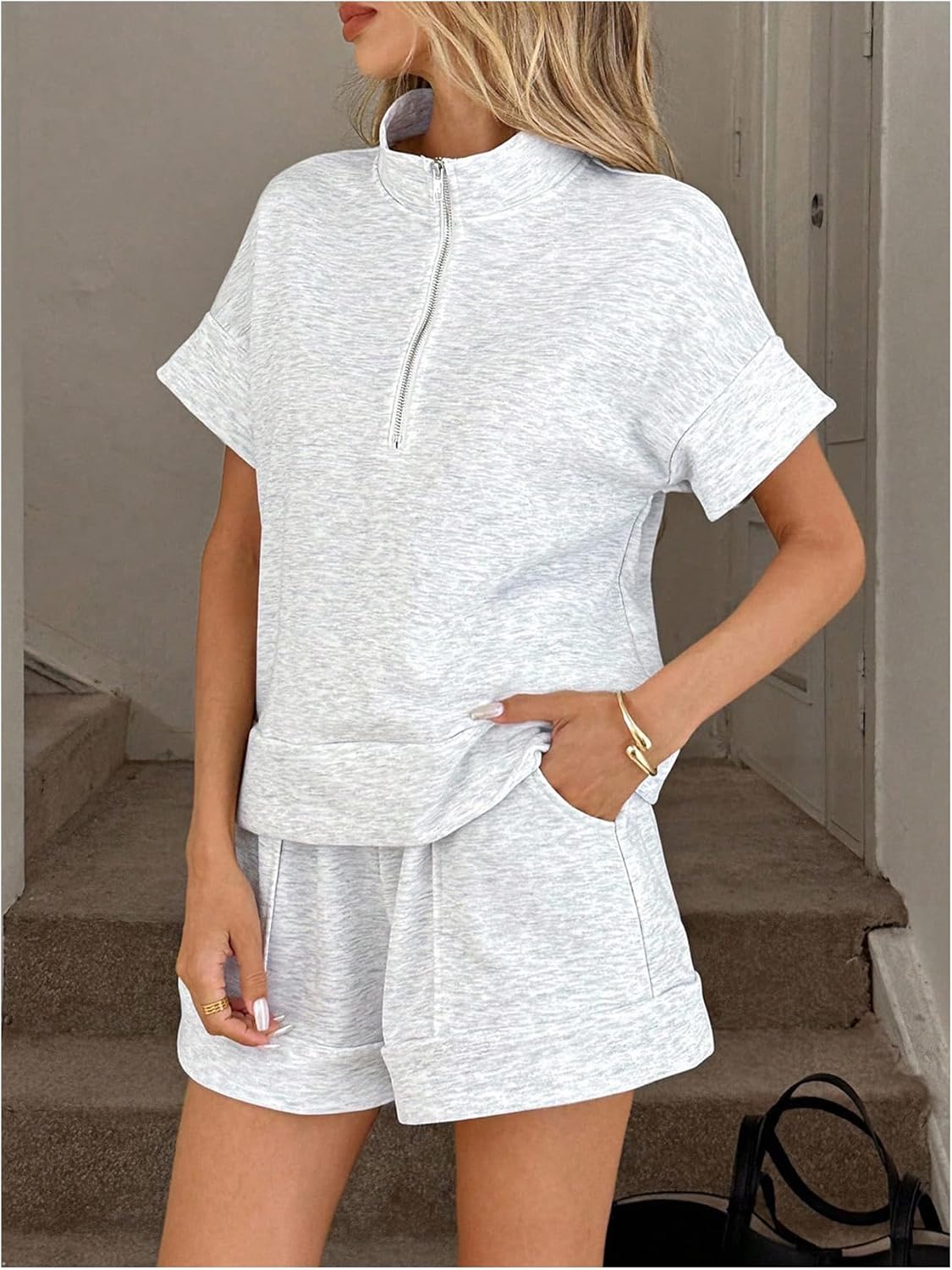 SOLY HUX Women's 2 Piece Summer Outfits Half Zip Collared Short Sleeve Shirts and Shorts Lounge Sets - Image 3