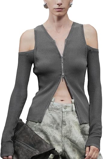 URBAN REVIVO Women Cold Shoulder Sweater Cardigan Long Sleeve V Neck Zip Up Knitted Sweaters Top Fall Winter