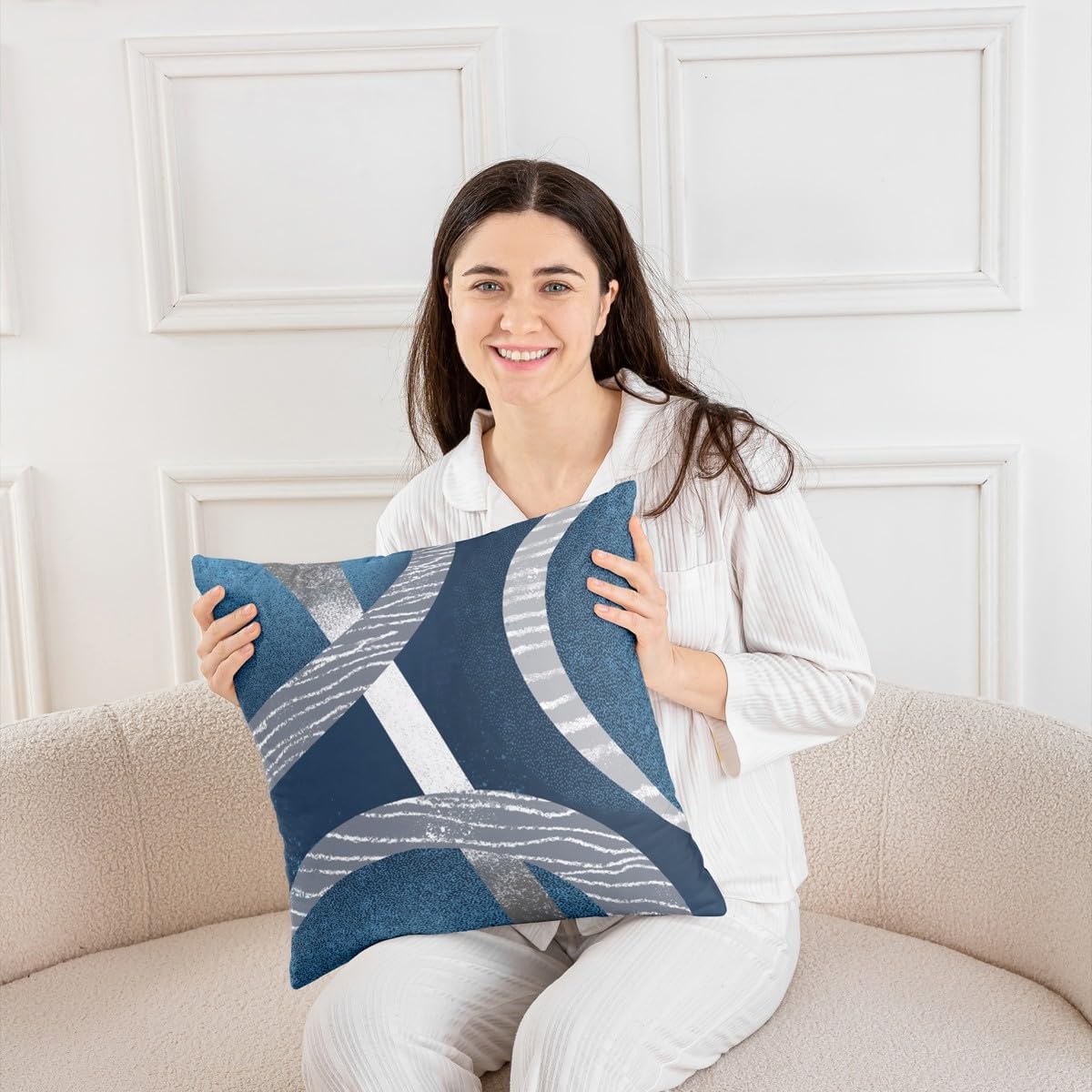 Blue Gray Circles Throw Pillow Cover Watercolor Modern Geometric Lines Swirls Pillow Case for Teens Adults Gradient Tie Dye Simple Grid Cushion Cover for Couch Chairs 24x24 Inch