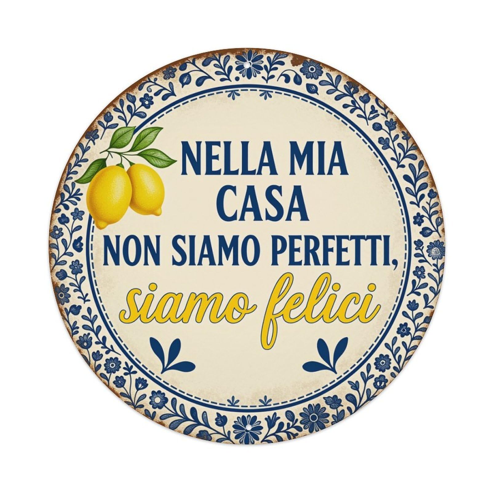 Blue Floral Border Lemons Text Round Tin Sign Retro Metal Sign for Cafe Bar Pub Home Game Room Gym Club Wall Decoration Vintage Metal Poster 8x8 Inch