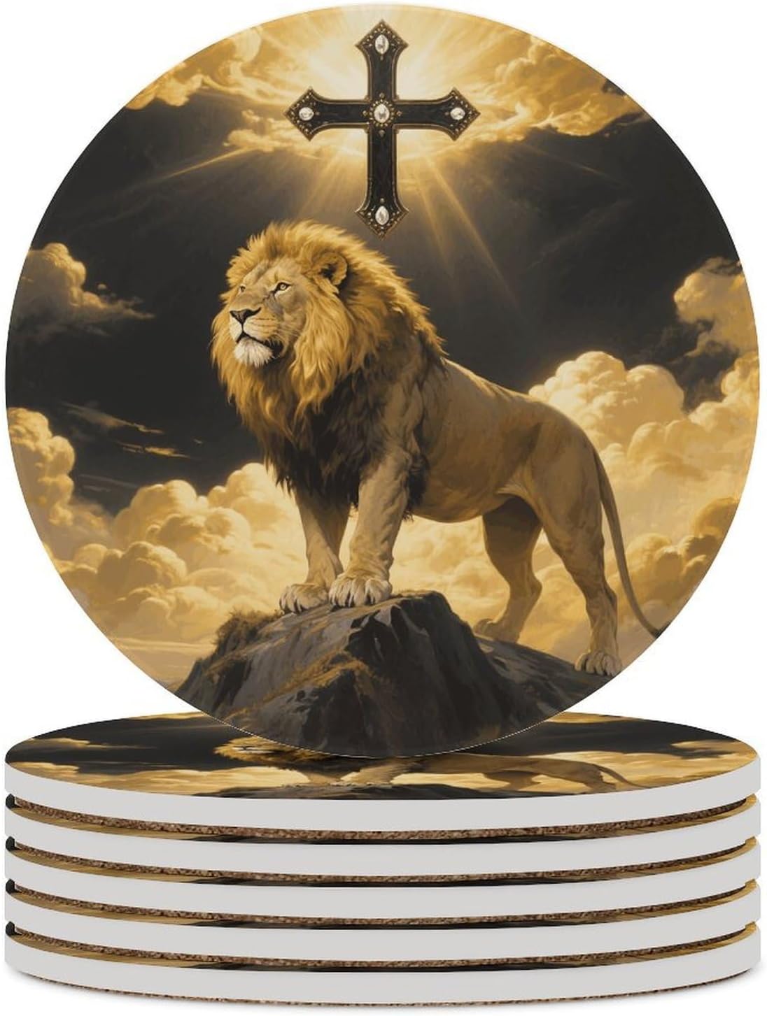 6PCS Black And Gold African Leo Lion King with Cross Coasters Non-Slip Round Drink Coasters with Ceramic Stone And Cork Base, Heat Resistant Absorbent 33.00Stone Coaster Set for Kinds of Mugs And Cups