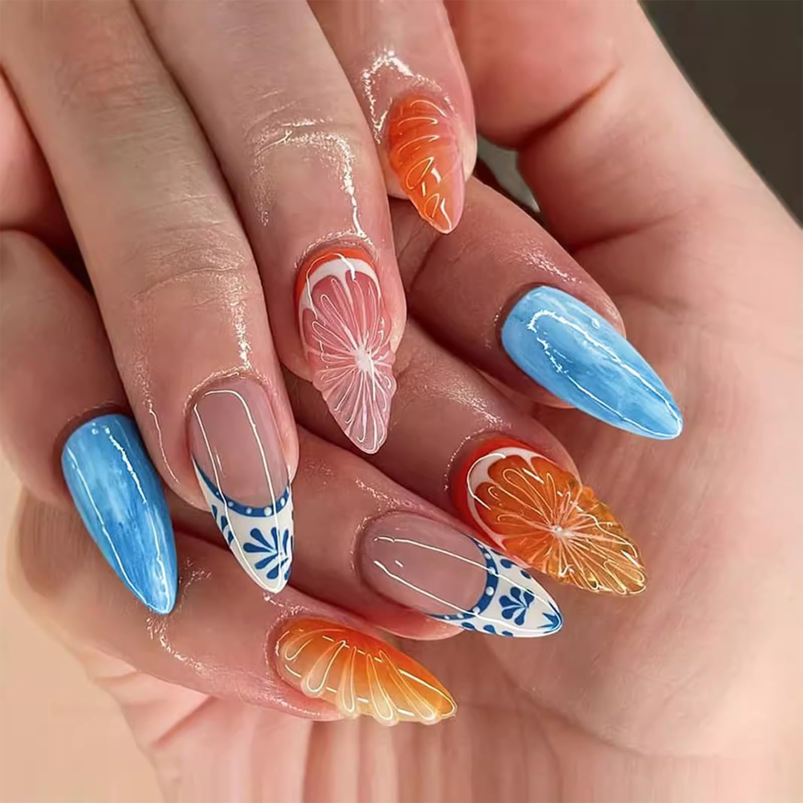 GlamRays 24 sztuki 3D owocowe naklejane paznokcie krótkie migdałowe letnie sztuczne paznokcie Stick On Nails French Nail Art Tips