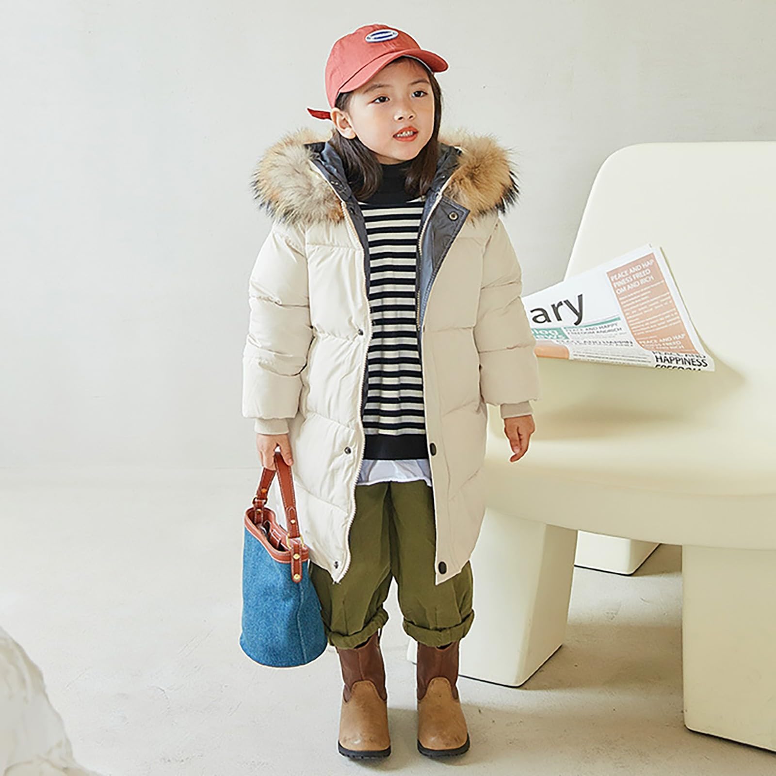 Girls Boys Down Jacket Winter Outerwear Hooded Down Coat Thicken Warm Mid Long Puffer Jacket (Beige, 5-6 Years)