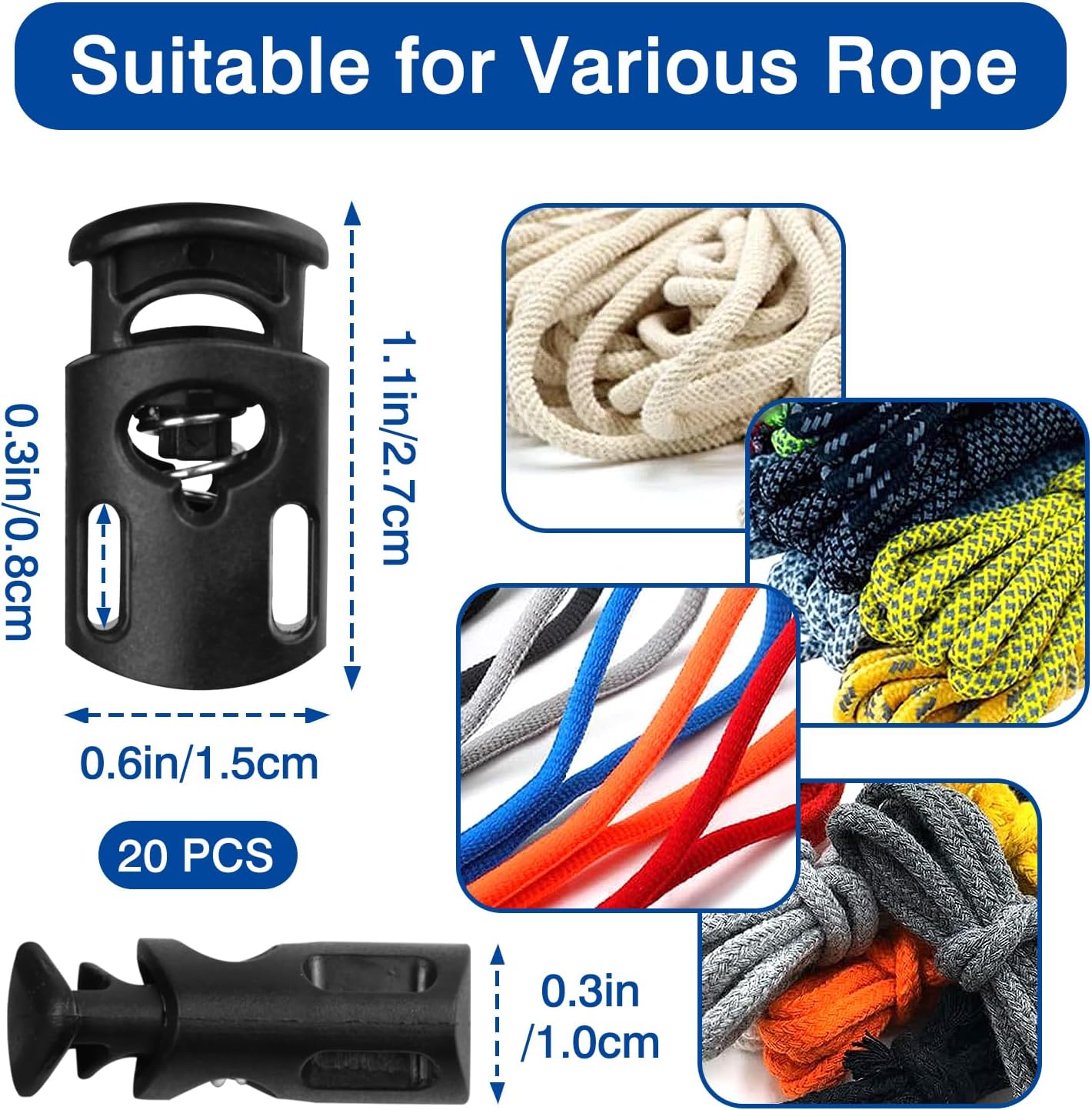 20 Pack Black Plastic Spring Cord Locks – Drawstring & Paracord Toggle Stoppers for Hoodies, Shoes, Bags and More - Image 4