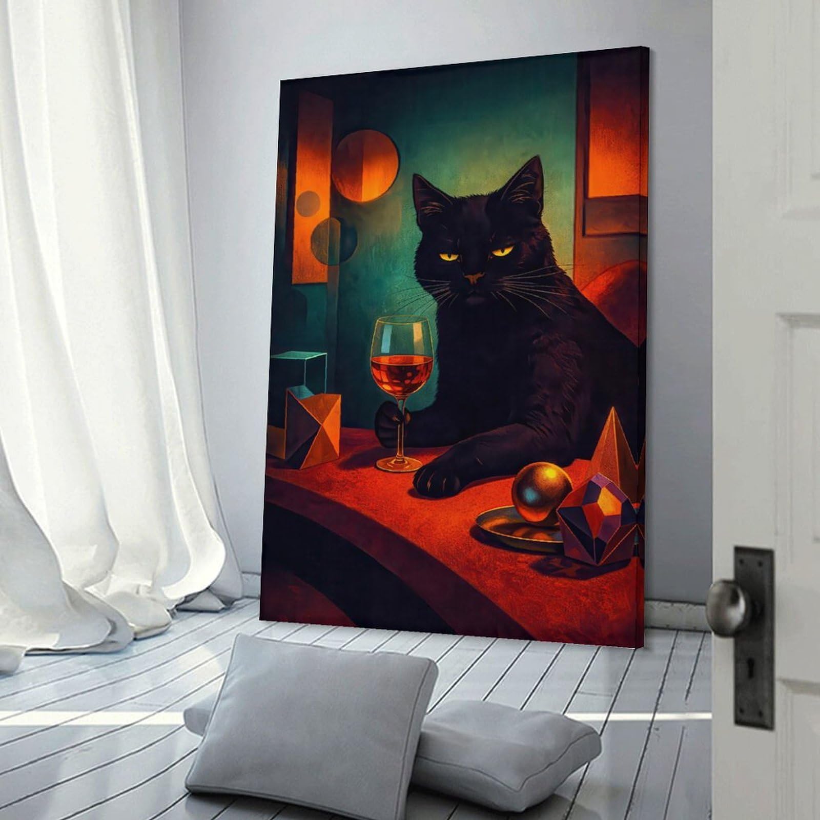 Junmoney Black Cat with Wine And Geometric Shapes Home Decor Wall Art, 20x30inch(50x75cm), for New Homes, Bedrooms Or Workspaces, Gift Idea for Housewarming And Birthdays