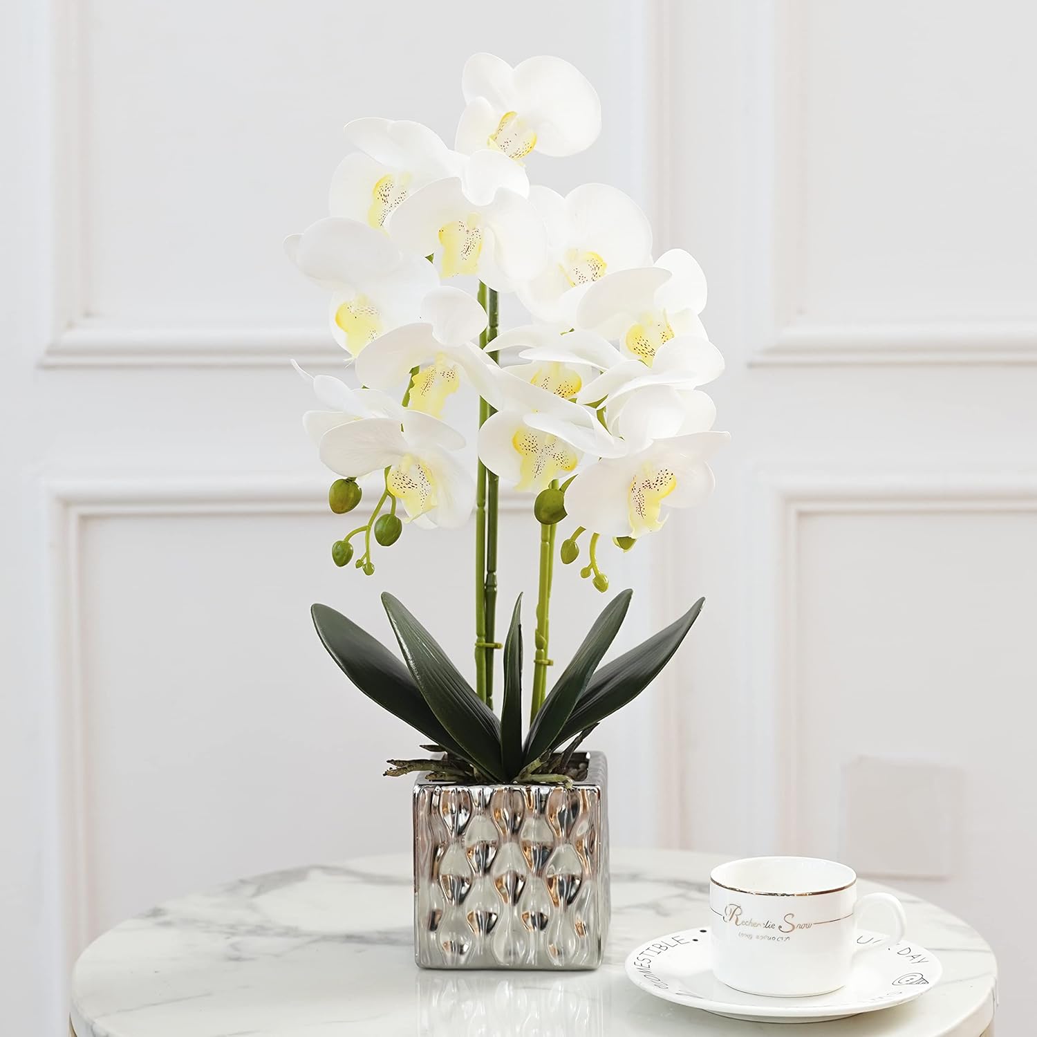 LISU Artificial Orchids, Silver Vases, Home Decoration Flower Arrangements, Fake Flowers in Vases. (C:White) - Image 9