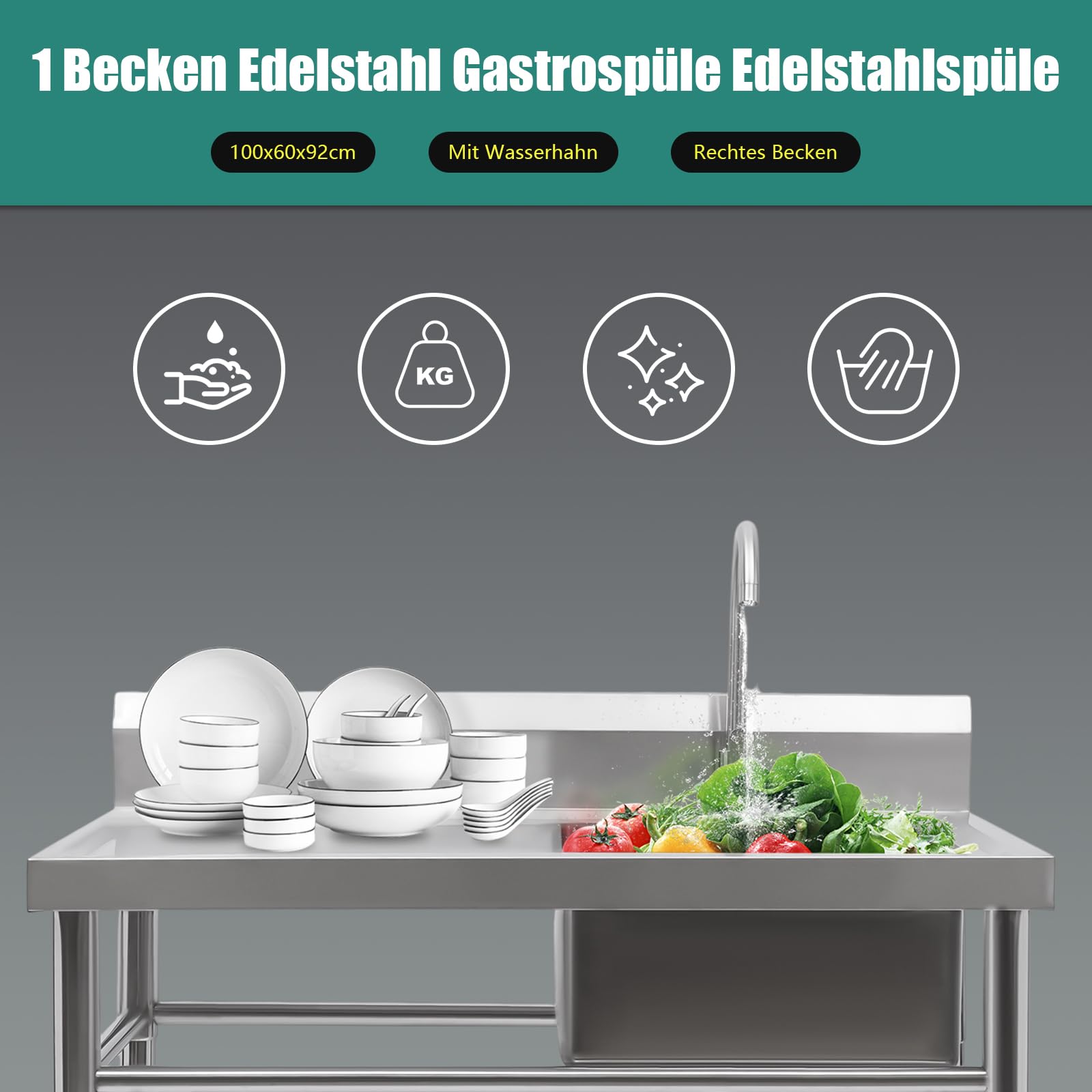 Küchenspüle Freistehende Edelstahl Spültisch 4 Wasserauslass-Modi Werkbank Spülbecken mit Arbeitsfläche für Restaurant, Garage oder Waschküche, 100x60cm (Rechts Spüle)