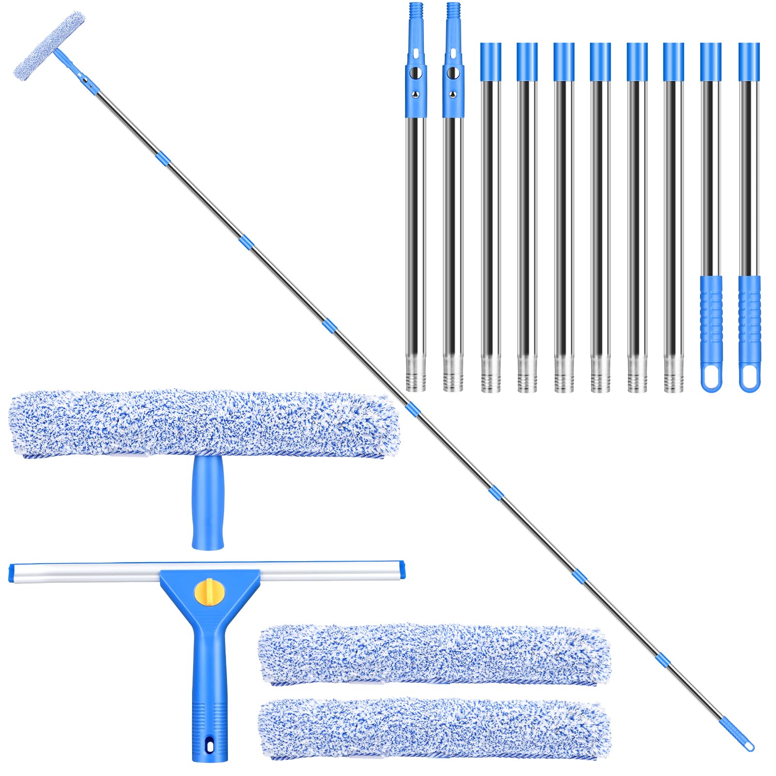 10Ft(3m) Window Cleaning Equipment with Long Handle, Telescopic Window Cleaning Tool Kit, 35cm Washing Squeegee & 38cm Scrubber, Window Cleaner Extendable for High Windows, Shower Glass, Car, RV
