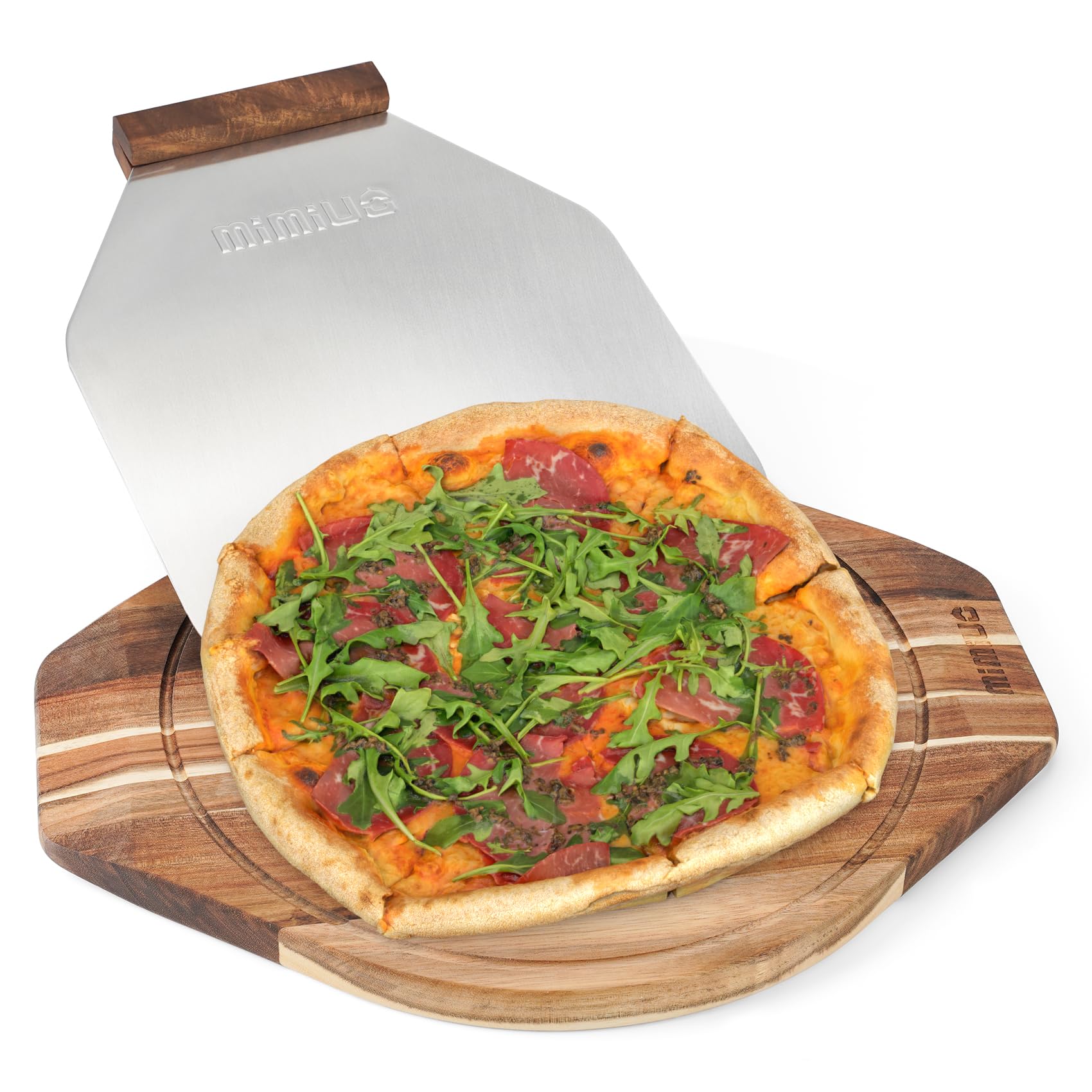 Mimiuo Deska do pizzy i zestaw łopat do pizzy, aluminiowa łopata do pizzy i taca do serwowania z drewna akacjowego do pizzy, ciastek, ciast, chleba