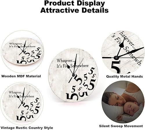 Miniatura 5 de Whatever It's Five Somewhere - Reloj de pared para cocina, funciona con pilas, silencioso, sin tictac, de madera, de 15 pulgadas, moderno, de las