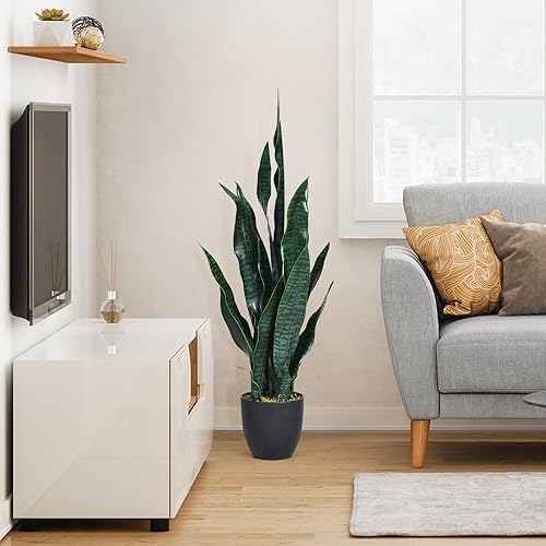 Miniatura 10 de Goplus - Planta artificial especie lengua de vaca, de 36 pulgadas, Sansevieria falsa, con maceta de 6 pulgadas y 20 hojas para decoración de hogar,