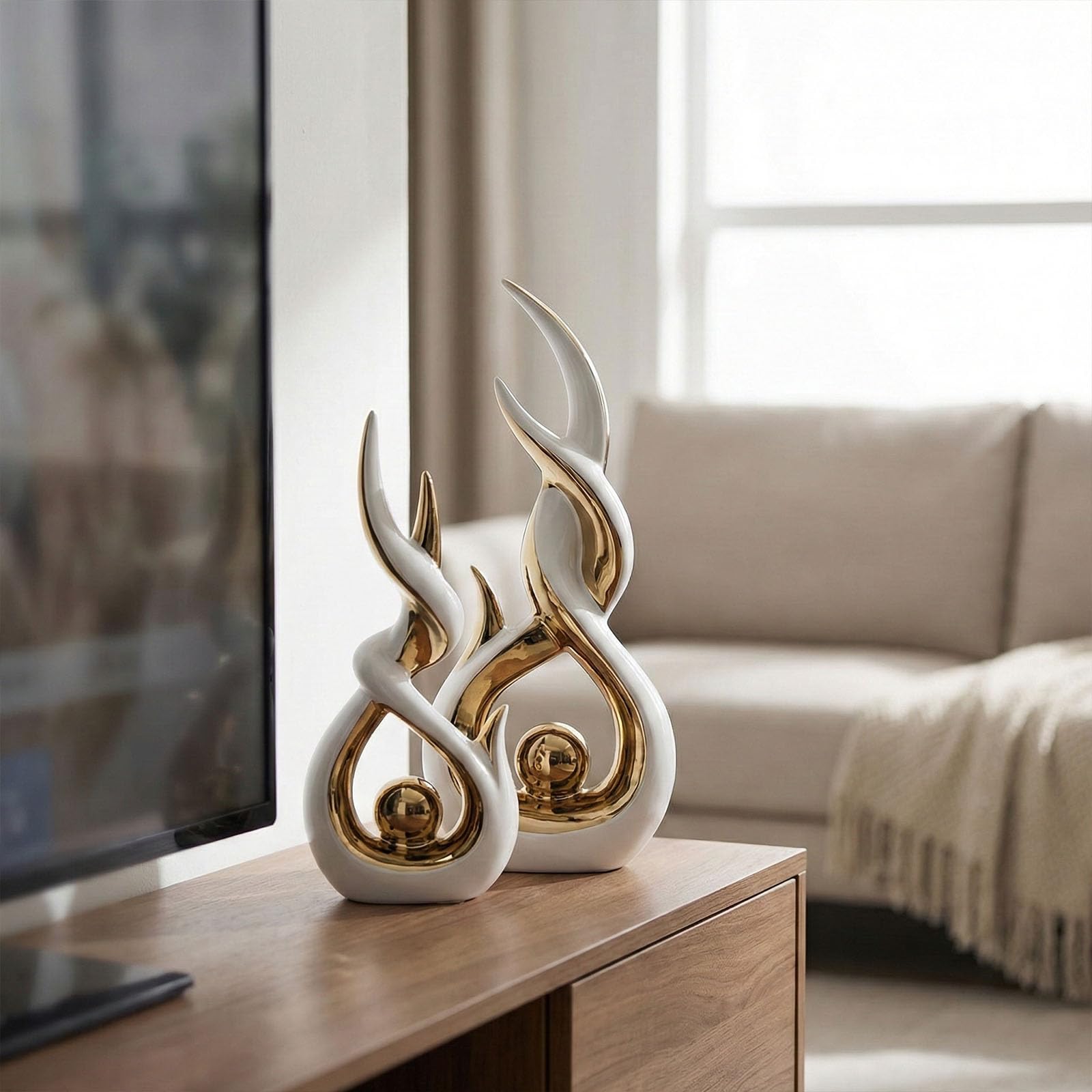LCCCK Juego de 2 esculturas abstractas de cerámica blanca y dorada, modernas, galvanizadas, estatuas decorativas para sala de estar, estante, mesa, decoración del hogar, regalo de inauguración de la