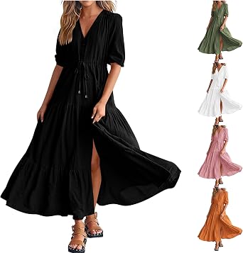 Womens Casual V Neck Elastic Waist Tiered Maxi Dress with Split Bottom Short Sleeves Drawstring Waist Midi Dresses