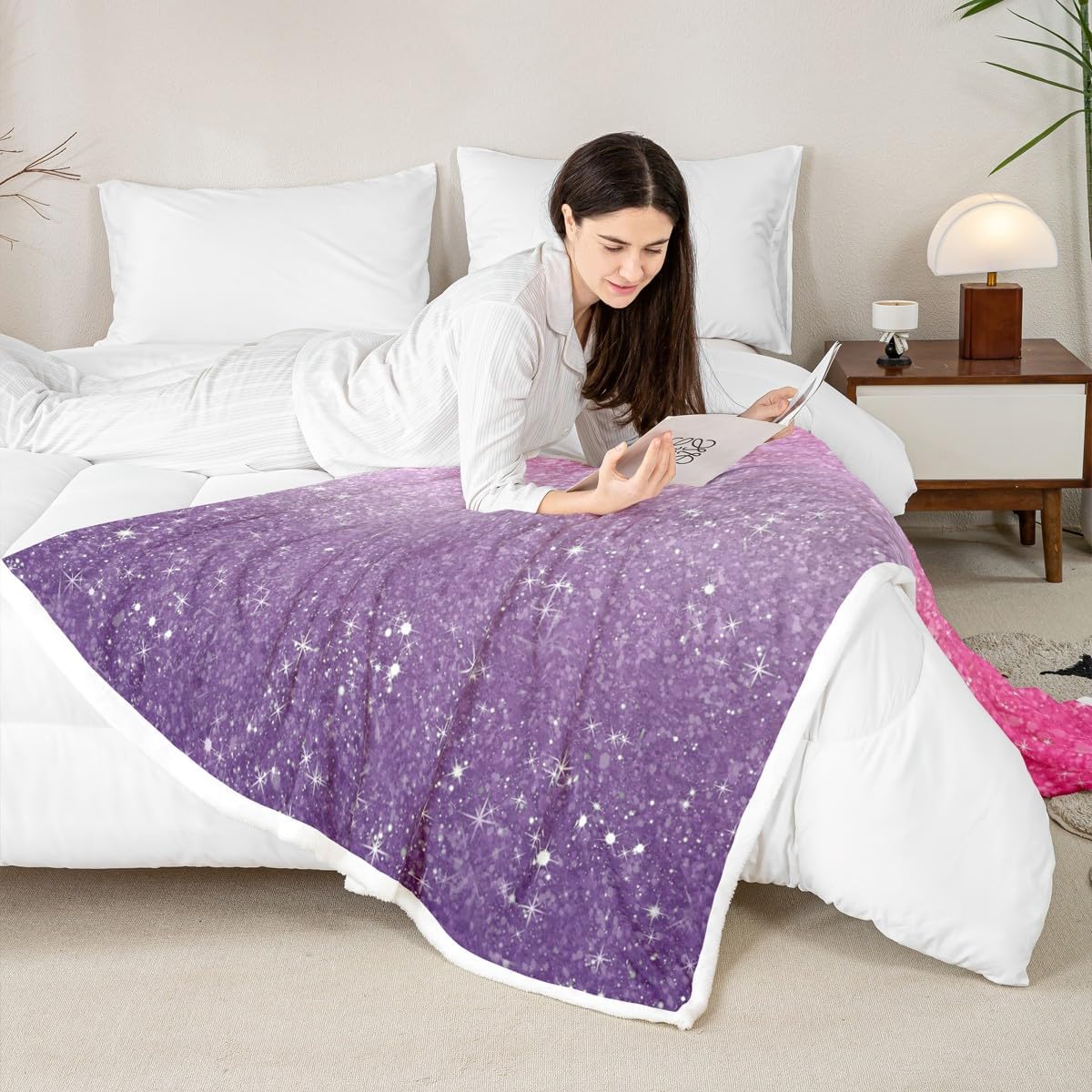 Colorful Glitter Print (No Glitter) Pink Purple Sherpa Blanket Magical Fantasy Fleece Throw Blanket Plush Blanket for Bed Sofa Couch BedFairy Dreamy Gradient Warm Fuzzy Blanket Throw 50"x60"