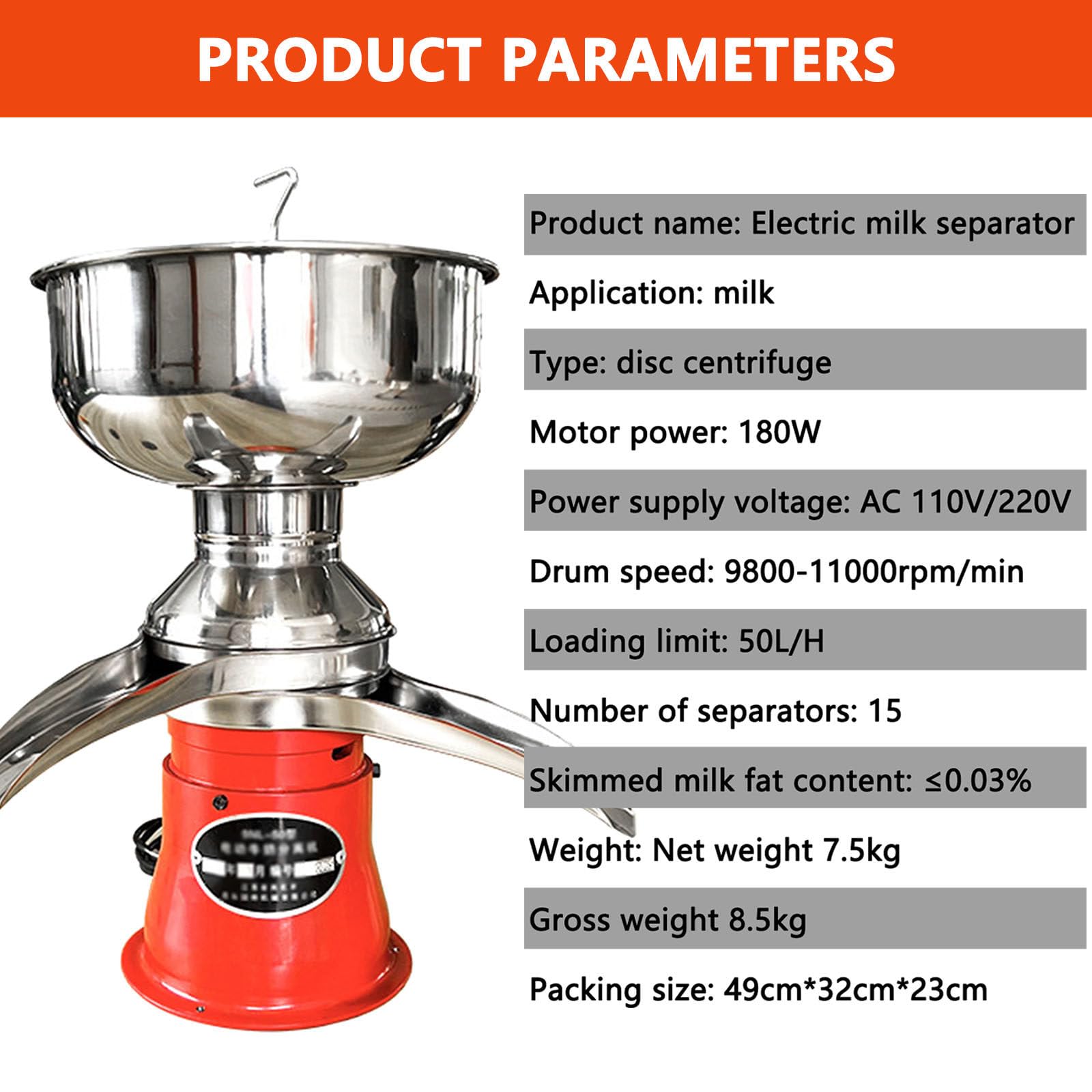 Schiumatore per latte, separatore centrifugo per crema di latte da 50 l/h, separatore elettrico per crema di latte fresco in acciaio inossidabile da 180 W, ciotola in acciaio inossidabile 30