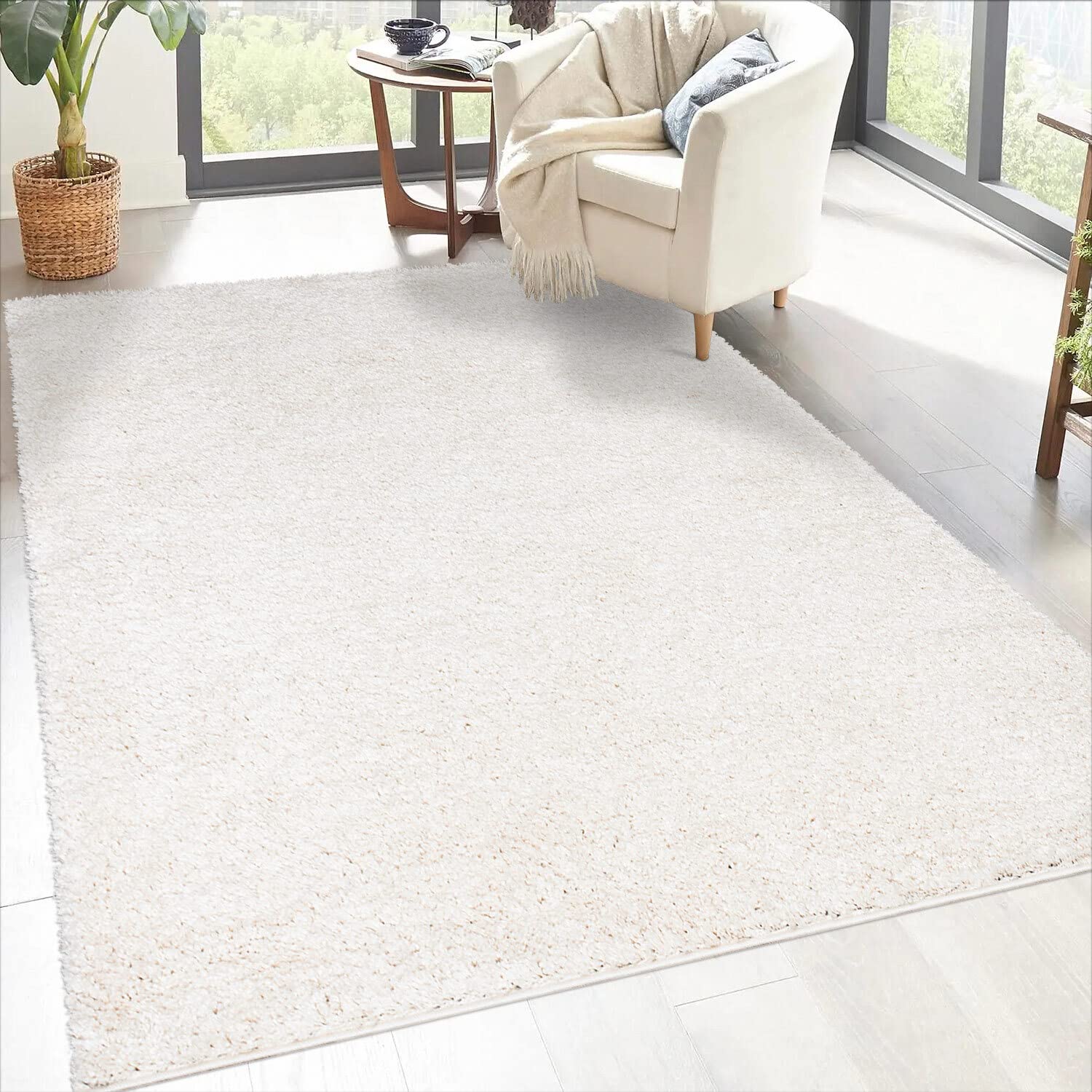 Tapis de salon shaggy beige crème 160x230 grand tapis chambre poils longs uni doux moelleux
