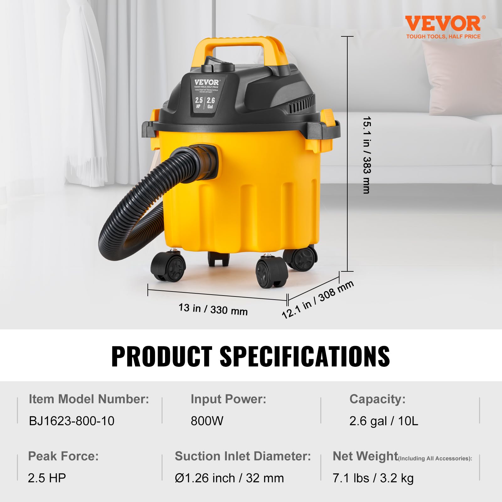 VEVOR Aspiradora en Seco y Húmedo 10 L Aspiradora Portátil Liviana para Taller en Seco y Húmedo 2,5 HP Soplado Eficiente con Boquilla, Ruedas, para Alfombras, Escombros, Pelo de Mascotas, Amarillo