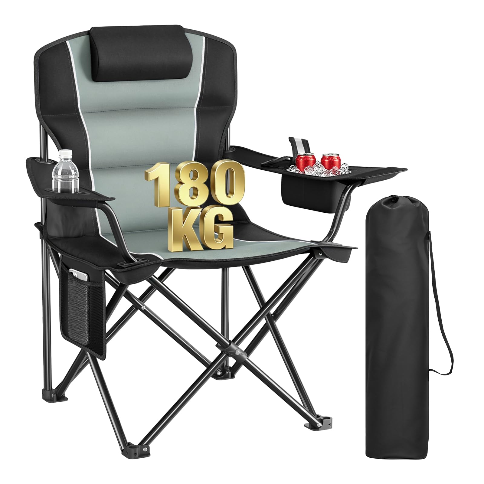 WOLTU Klappbarer Campingstuhl Hochrückig mit Kühltasche, Kopfstütze & Getränkehalter, Angelstuhl Gartenstuhl, Campingsessel bis 180kg Tragkraft, Wasserdicht 600D Oxford