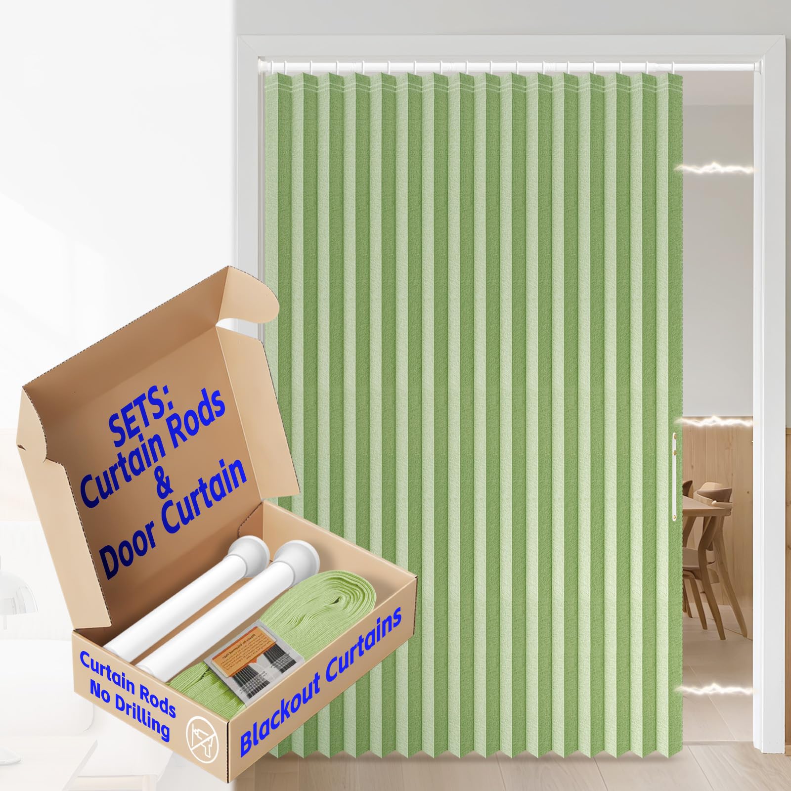 AJAZZ Blackout Accordion Doors with Curtain Rods Adjustable 28-63" Long Magnetic Door Curtain for Bedroom Living Room Doorway Curtain Sets (1 Pack, 72 W x 78 L, Green)