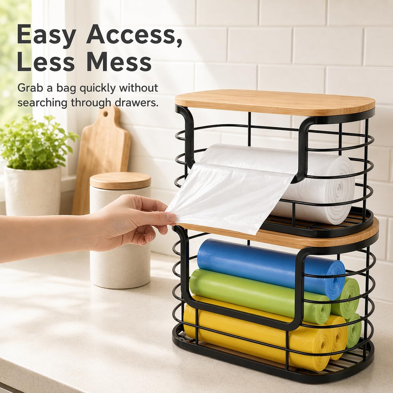 REFGY 2-Pack Multi-Purpose Trash Bag Holder & Stackable Kitchen Storage Organization Bins (11.02" x 6.69"), Protective Wire Basket with Natural Fiber Top, Versatile Garbage Bag Dispenser Under Sink