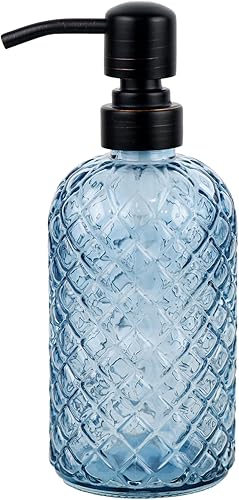 Dispensador de jabón de vidrio de 16 onzas con cabezal de bomba de bronce cepillado vintage de acero inoxidable, dispensador de jabón con patrón de