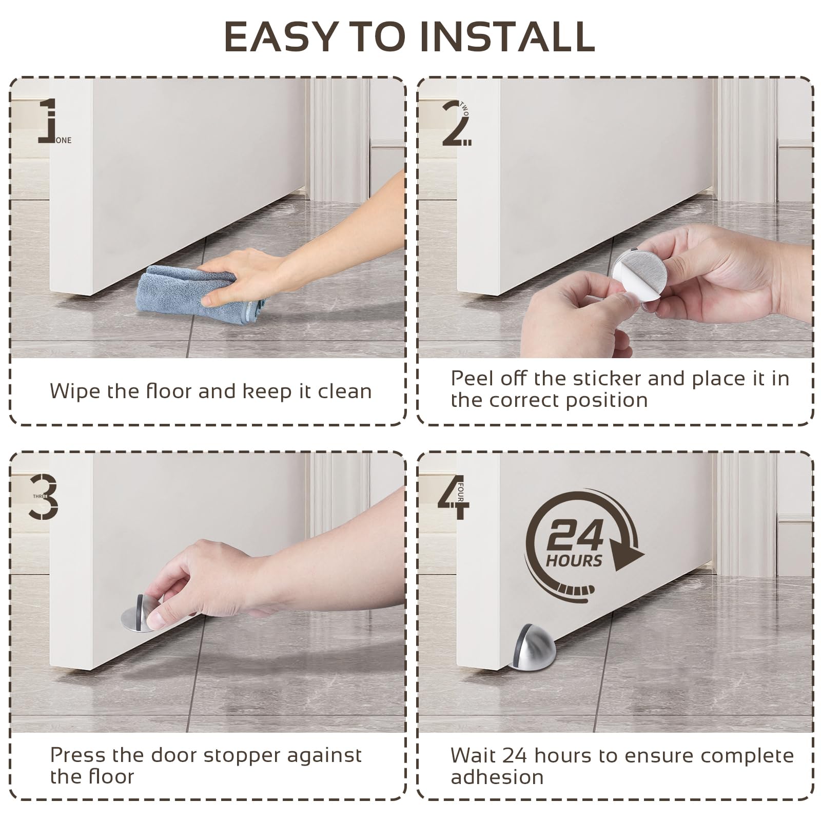 ECOSEAO 1 pezzi Fermaporta da Pavimento Adesivo, Fermaporta da Pavimento in Acciaio Inox, Ferma Porta da Pavimento con Paraurti in Gomma, Fermaporte per Tutti i Pavimenti Duri(Argento)