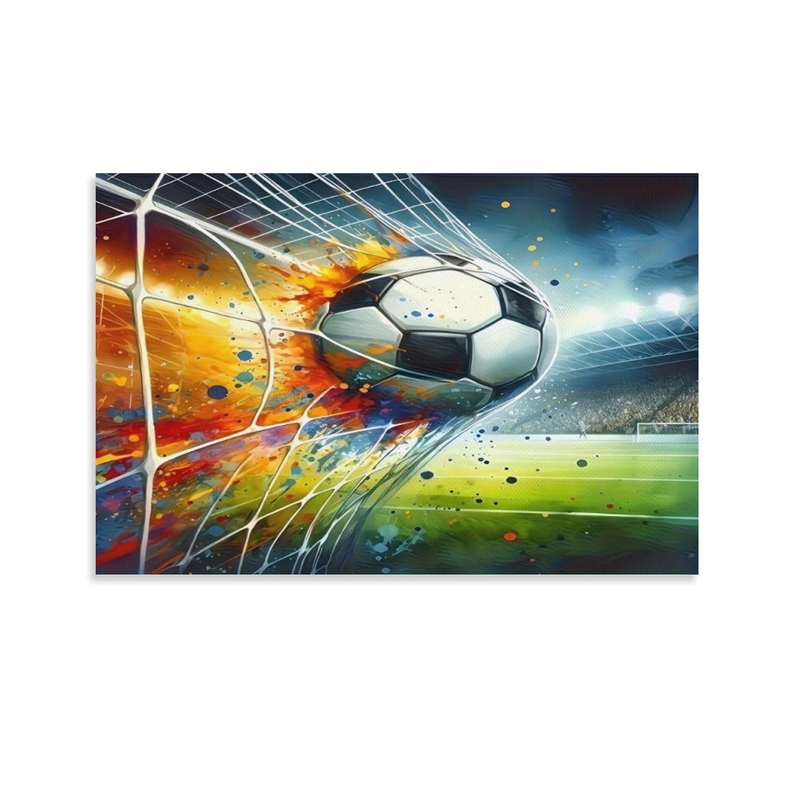 CPLVKWRQJ Soccer Ball Goal Single Piece Soccer Ball Bursting Into Goal Net Stadium Framed Wall Art - Living Room Gallery Wall Focal Point Ready to Hang Decor 24x36inch(60x90cm)