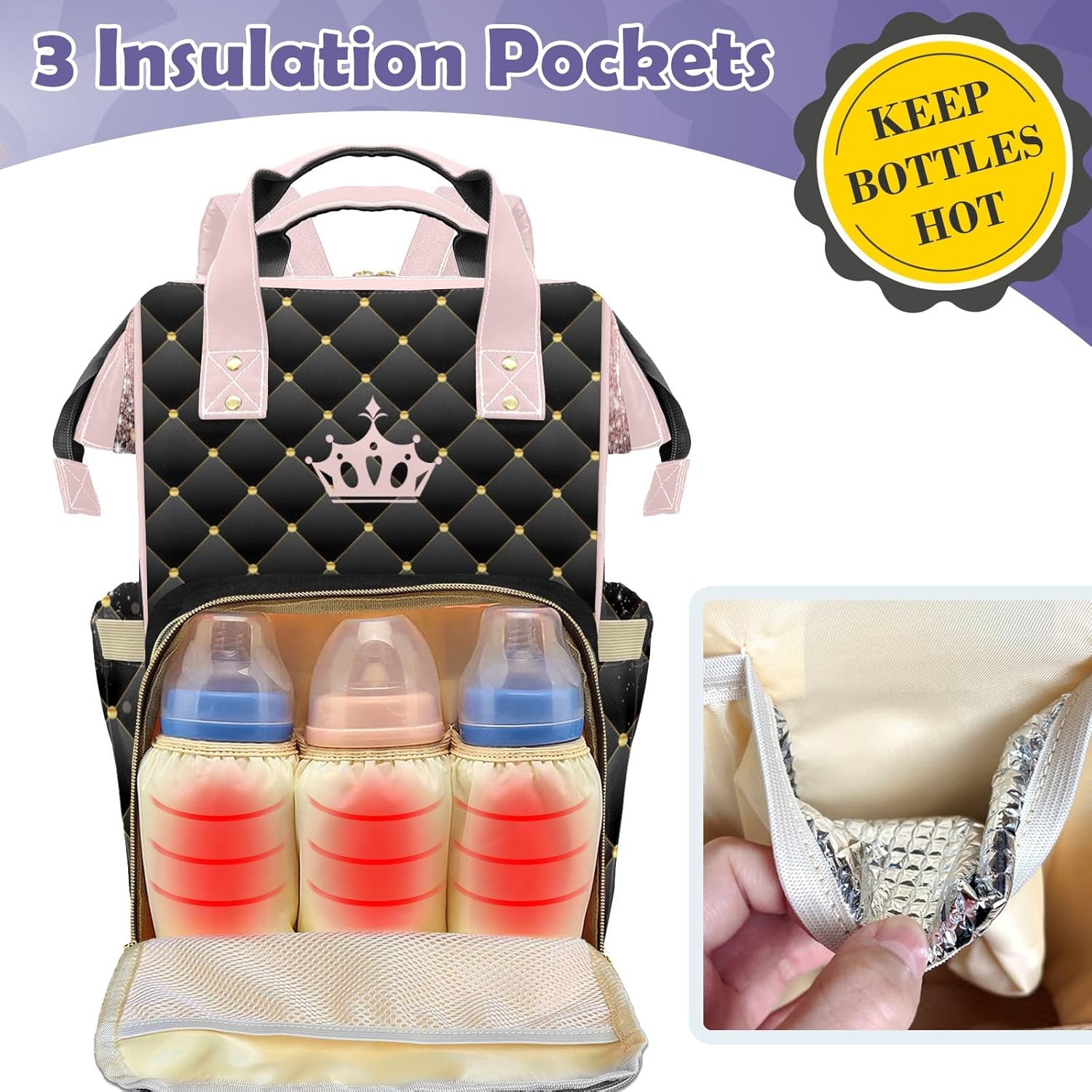 Customizable Large Capacity Diaper Bag Personalized Name, Waterproof Multi-Function Mommy Bag with Thermal Pockets for Girls and Boys-princess