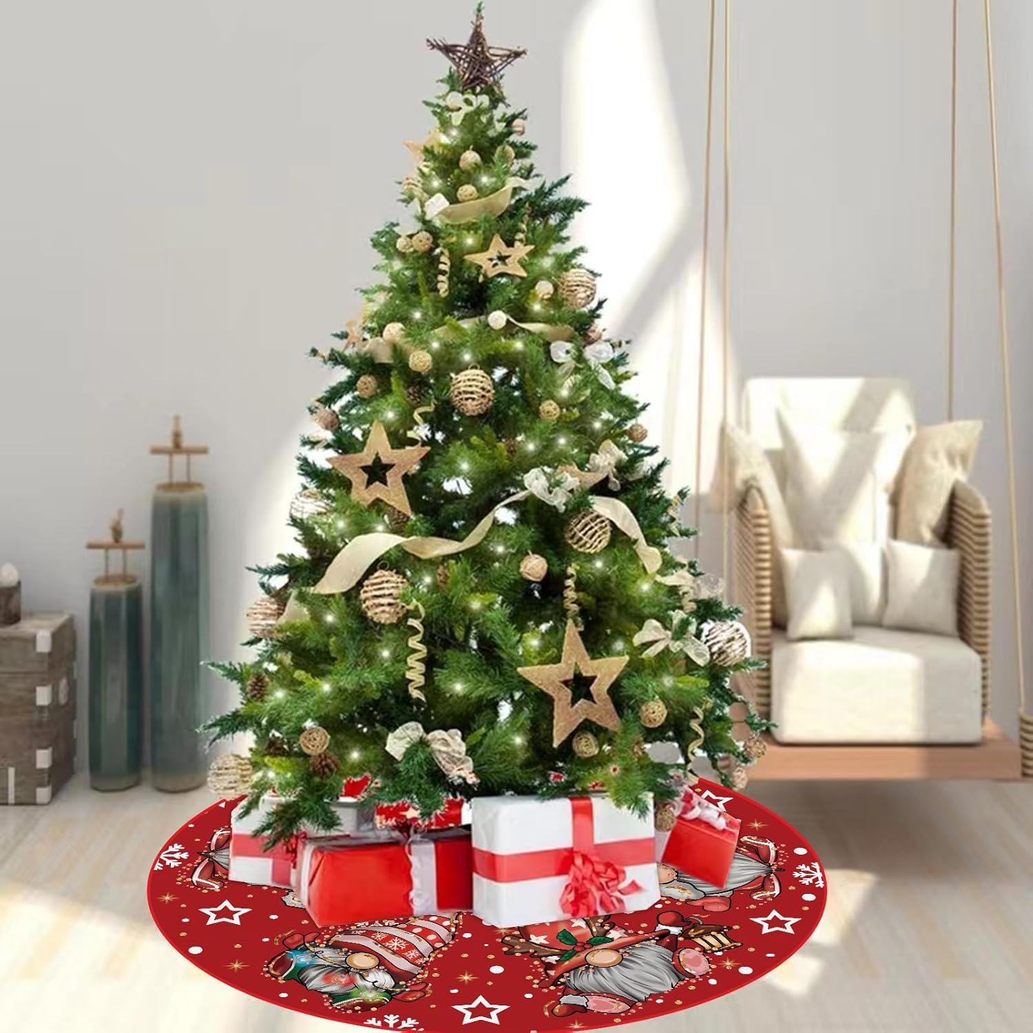 Jupe Sapin De Noël 120cm Couvre Pied Rond Rouge Motif GNOME Tapis Décorations Fête