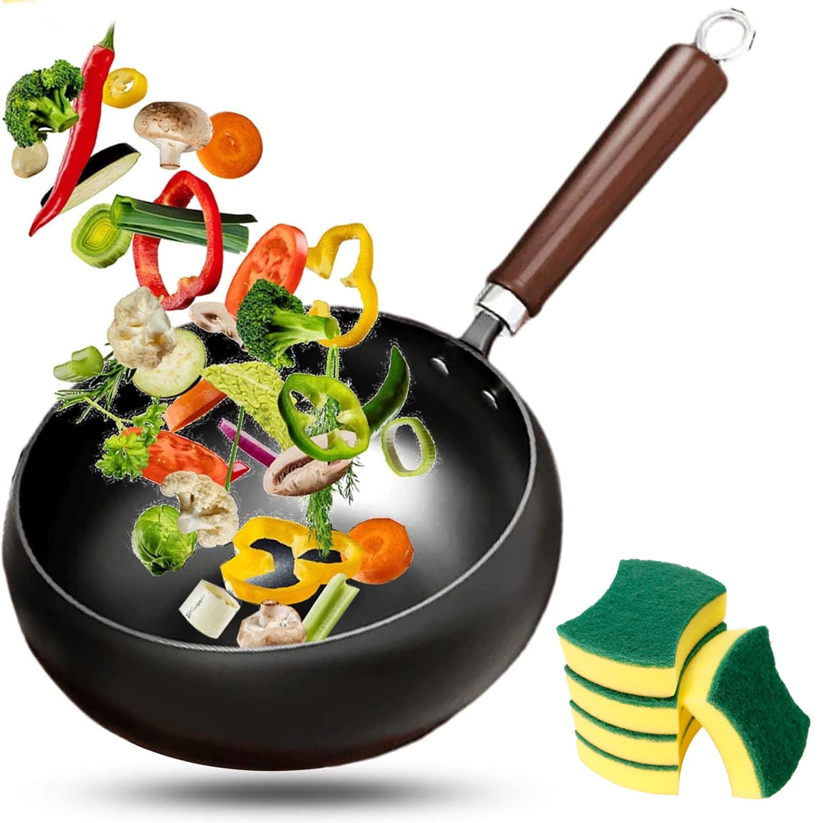 Pannella Wok giapponese in ghisa, pentola sana non rivestita con coperchio, Woks in acciaio al carbonio tradizionale, padelle antiaderenti martellate a mano fatte in Giappone, per Smooth-Surface 26cm