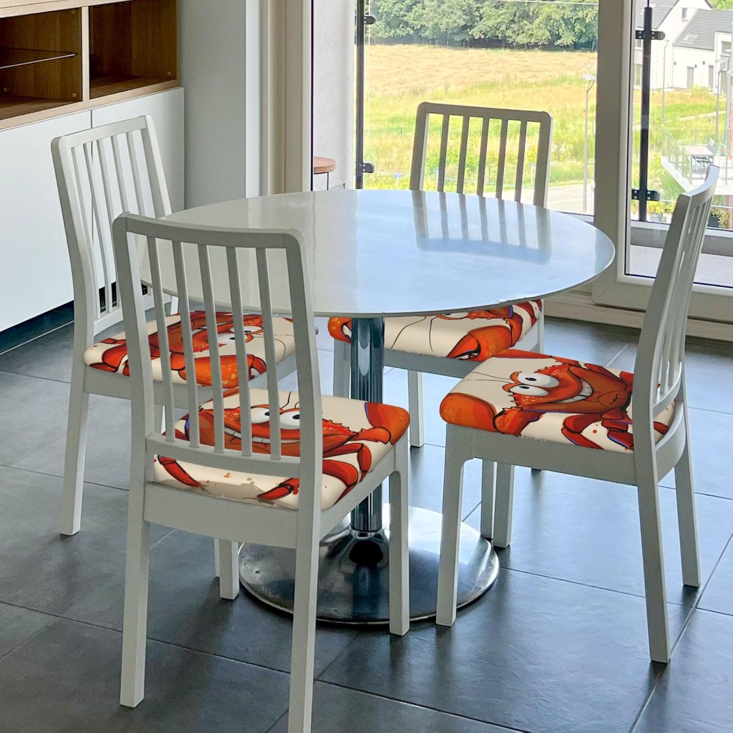 Cartoon Crab Print Square Cushion Covers 6 Pcs Set Elastic Non-Slip Seat Cushion Slipcovers Pet Furniture Protectors for Chair, Sofa