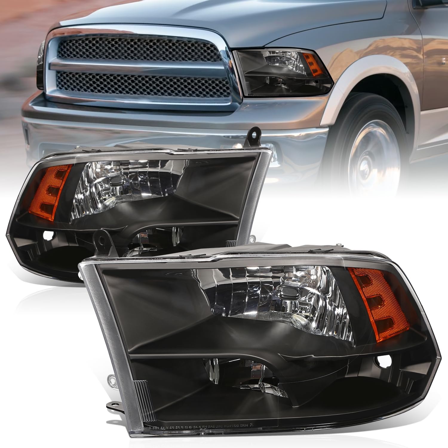 Auto Dynasty Quad Headlights Assembly Compatible with 2009-2010 Dodge Ram 1500 2500 3500, 2011-2018 Ram 1500 2500 3500 4500 5500, Halogen Headlamps Replacement, Black Housing Clear Corner