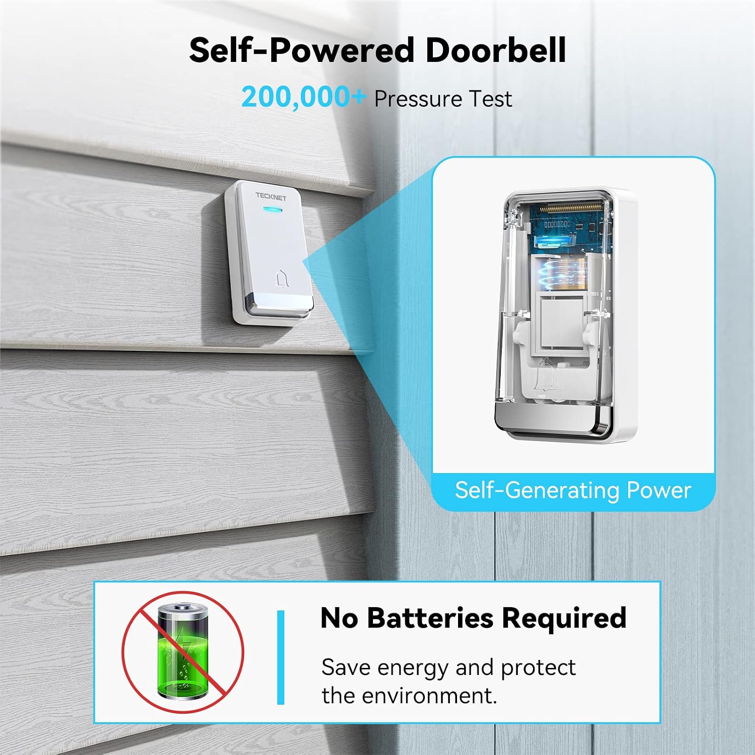 TECKNET Self-Powered Wireless Doorbell, Waterproof Door Chime Kit, No Battery Required Push Button, Plug-Through Cordless Door Chime, up to 1300ft Range with 32 Chimes, LED Light, 5-Level Volume