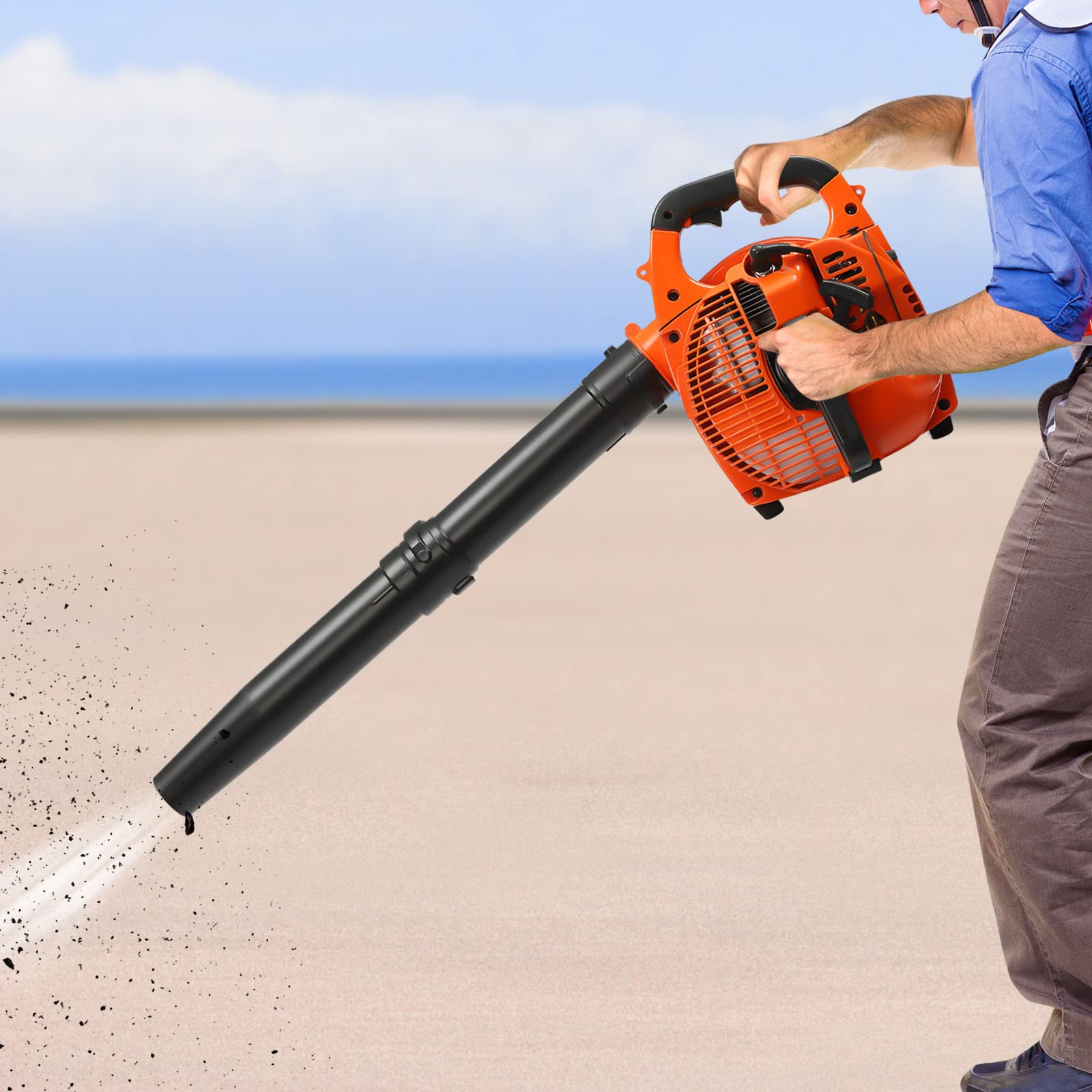 Soplador de hojas con motor de gasolina, dispositivo de mano con capacidad de 25,4 cm³, 0,75 kilovatios, soplador y tubo de aspiración para jardín, limpieza de carreteras y eliminación de