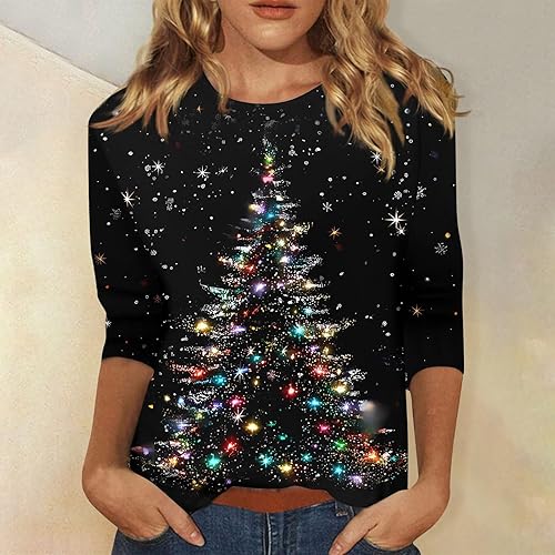 Miniatura 8 de Camisas de manga 34 para mujer, estilo bohemio, estampado, cuello redondo, casuales, básicas, blusas holgadas