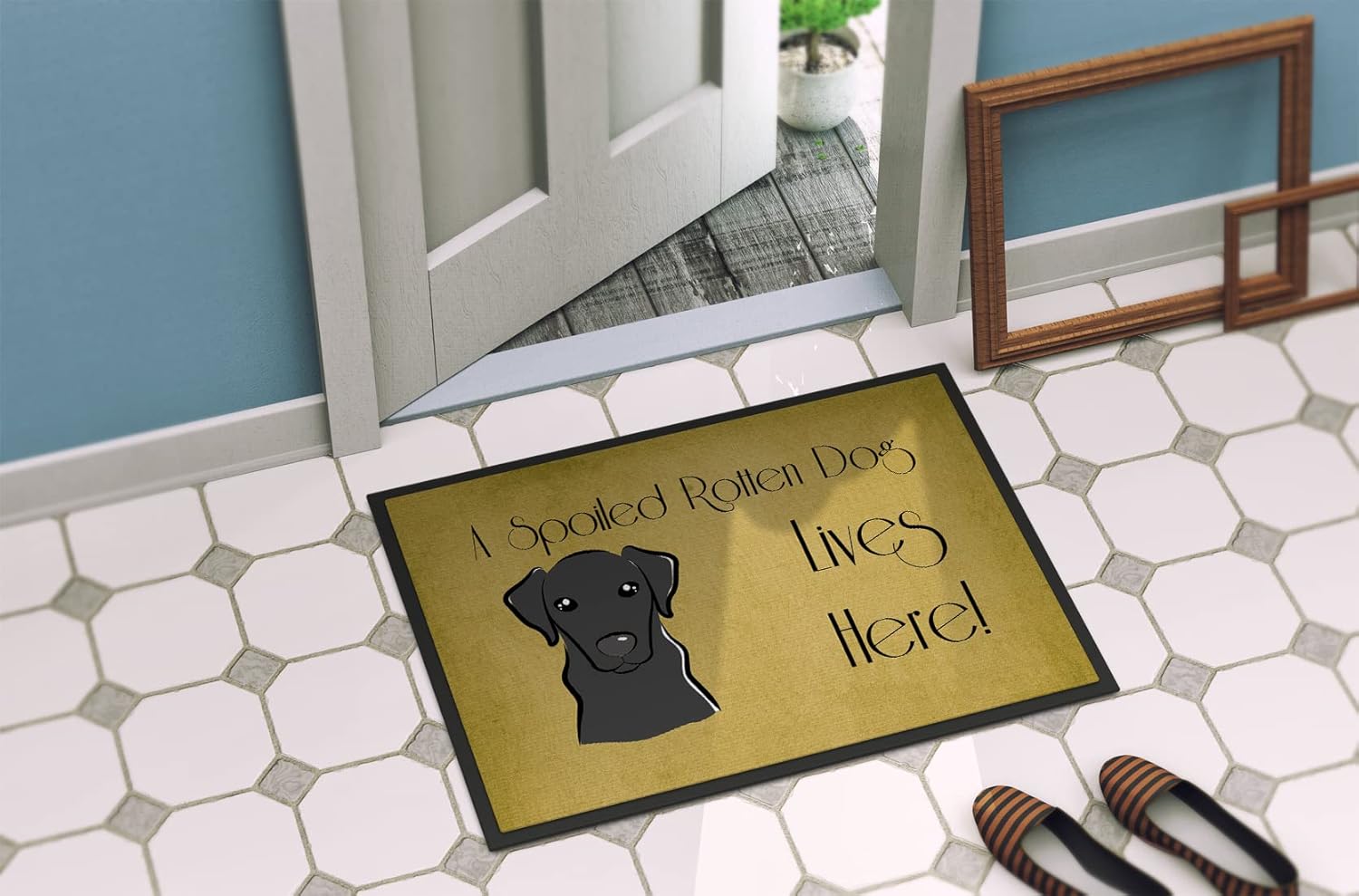 Caroline's Treasures BB1483JMAT Black Labrador Spoiled Dog Lives Here Doormat 24x36 Front Door Mat Indoor Outdoor Rugs for Entryway, Non Slip Washable Low Pile, 24H X 36W
