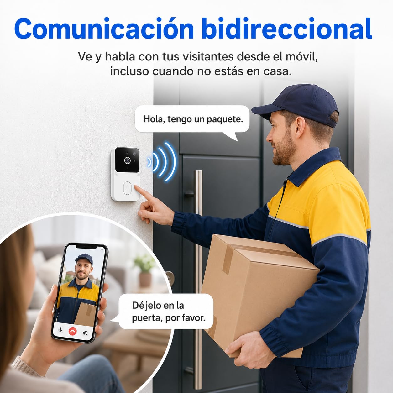 Genérico Videoportero Inteligente WiFi con Cámara 1080P HD, Timbre Inalámbrico de Fácil Instalación con Audio Bidireccional, Visión Nocturna y Alertas en Tiempo Real