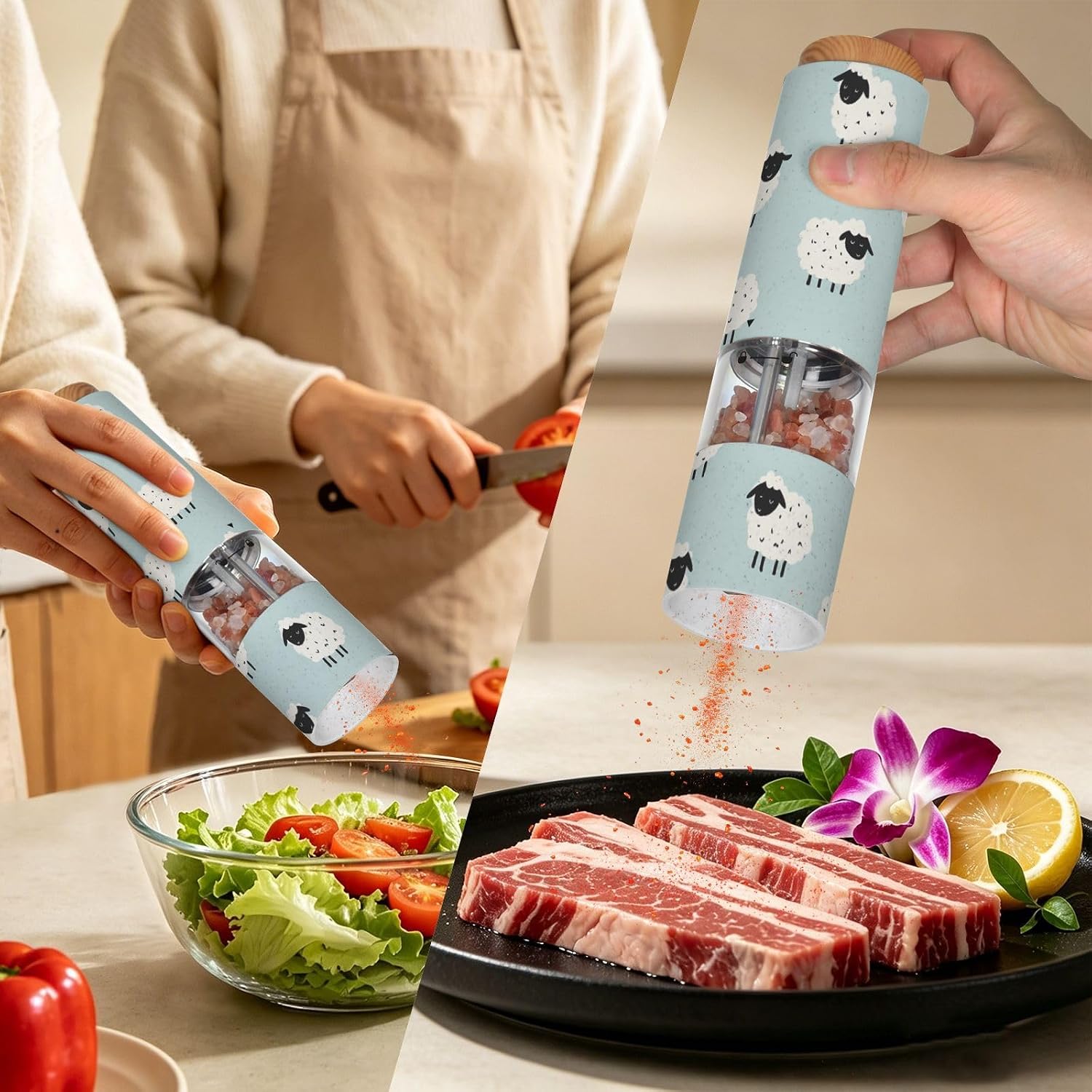 ALAZA Electric Pepper Grinder with Adjustable Coarseness, Little Lamb Pattern Battery Automatic Salt and Pepper Mill with Led, One-Handed Operation Spice Grinder for Kitchen, Camping & BBQ
