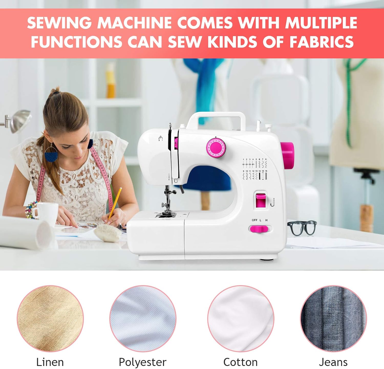 Sewing Machine with Various Fabric Types