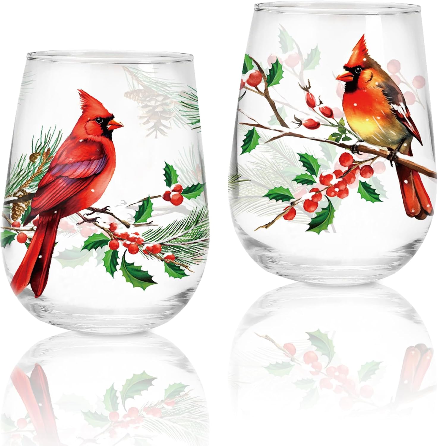 JarThenaAMCS 2Pcs Christmas Stemless Wine Glasses 17oz Red Cardinal Bird Berry Drinking Glasses Xmas Winter Tumbler Cups For Home Office Party Supplies